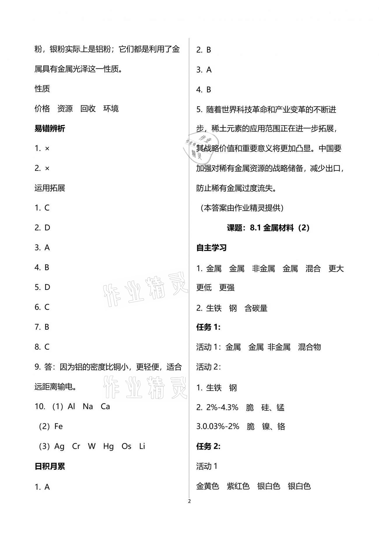 2021年智慧課堂九年級(jí)化學(xué)下冊(cè)人教版 參考答案第2頁(yè)