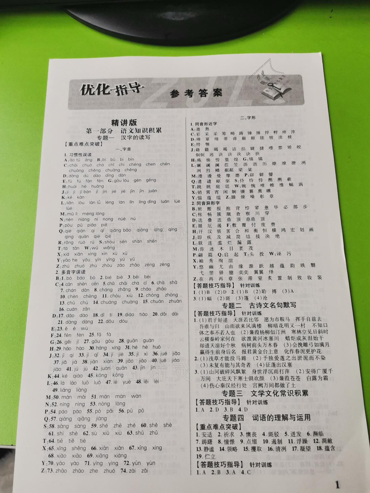2021年浙江中考優化指導語文 參考答案第1頁