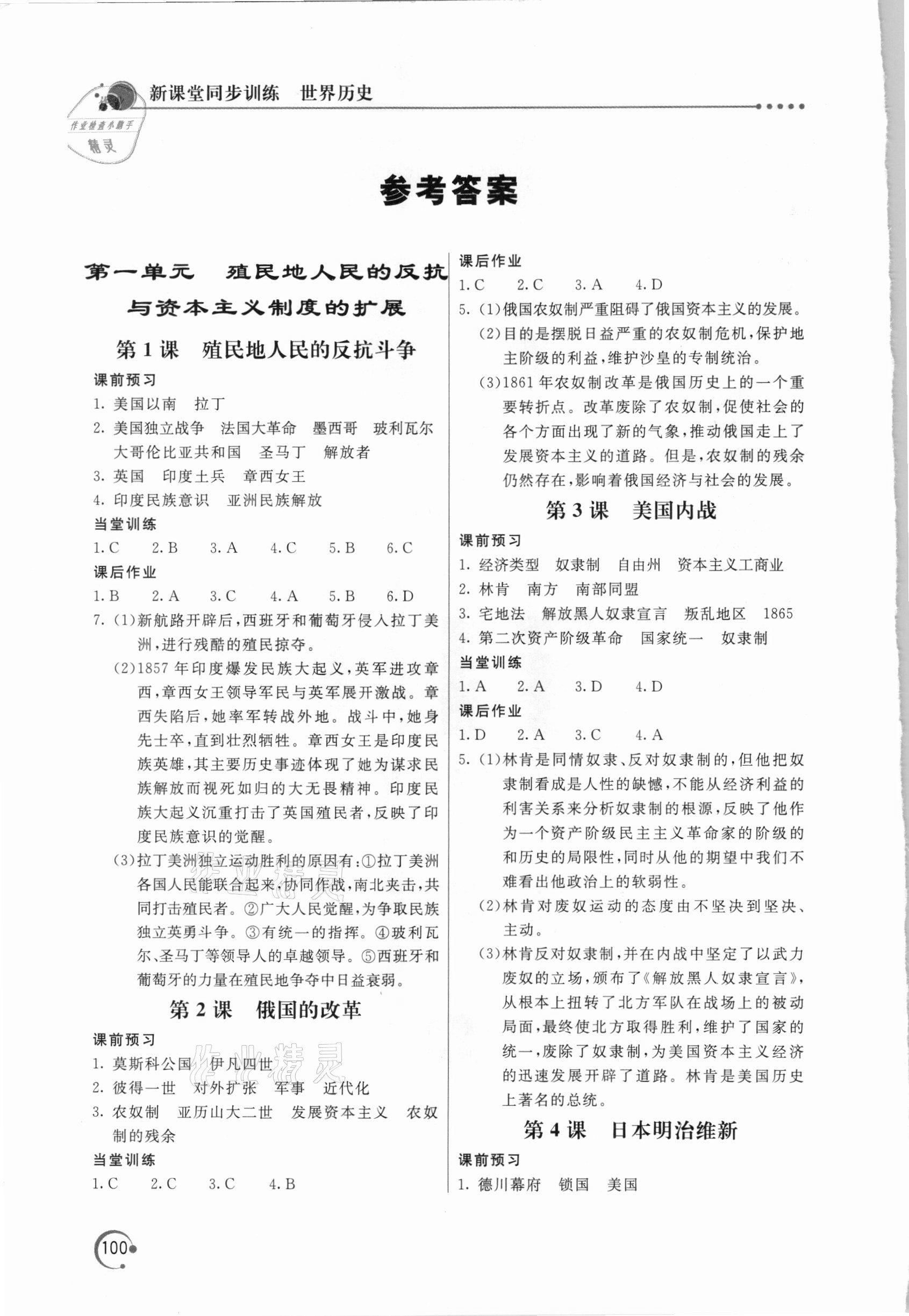 2021年新課堂同步訓(xùn)練九年級(jí)世界歷史下冊(cè)人教版 參考答案第1頁(yè)