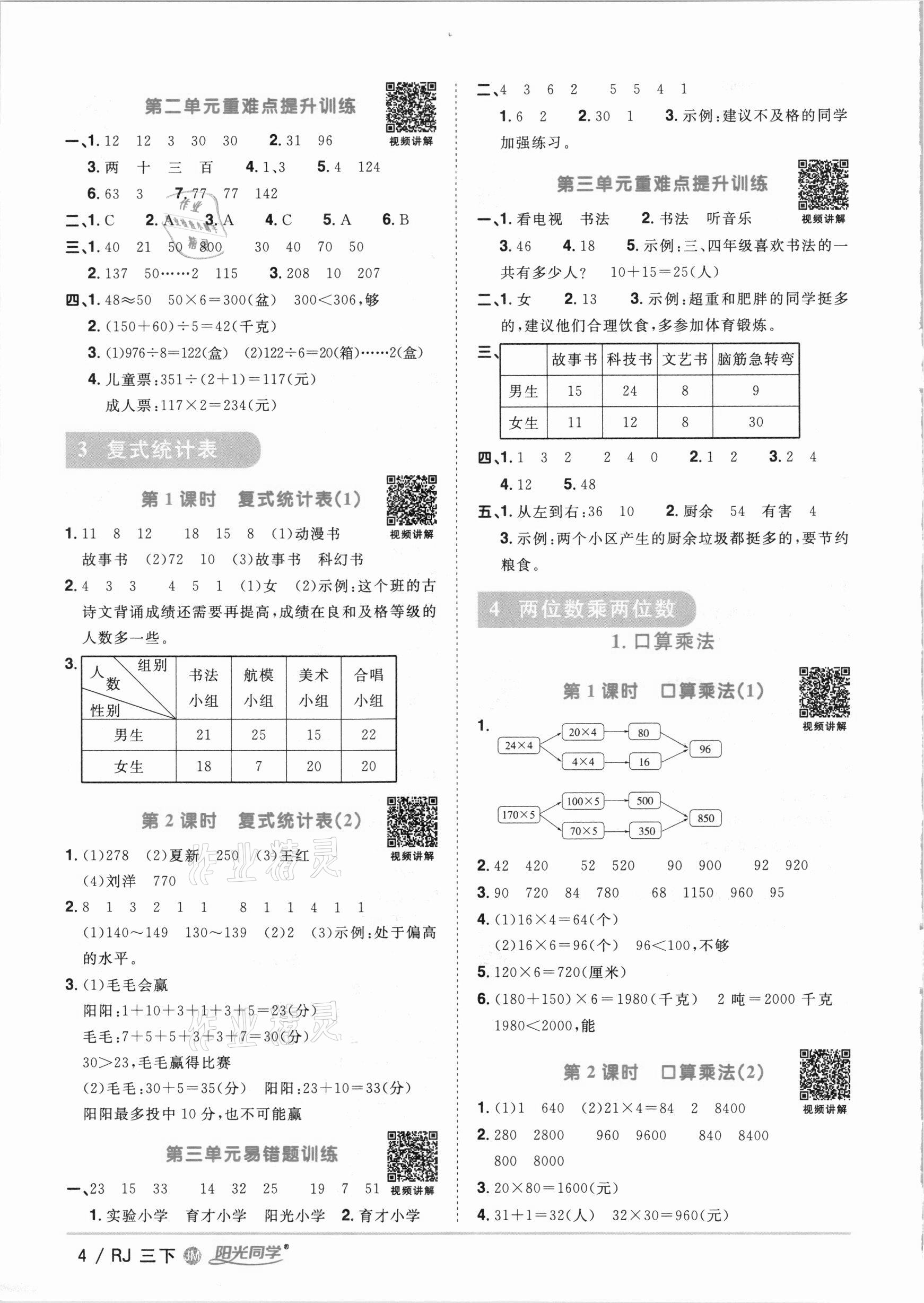 2021年阳光同学课时优化作业三年级数学下册人教版江门专版 参考答案第4页