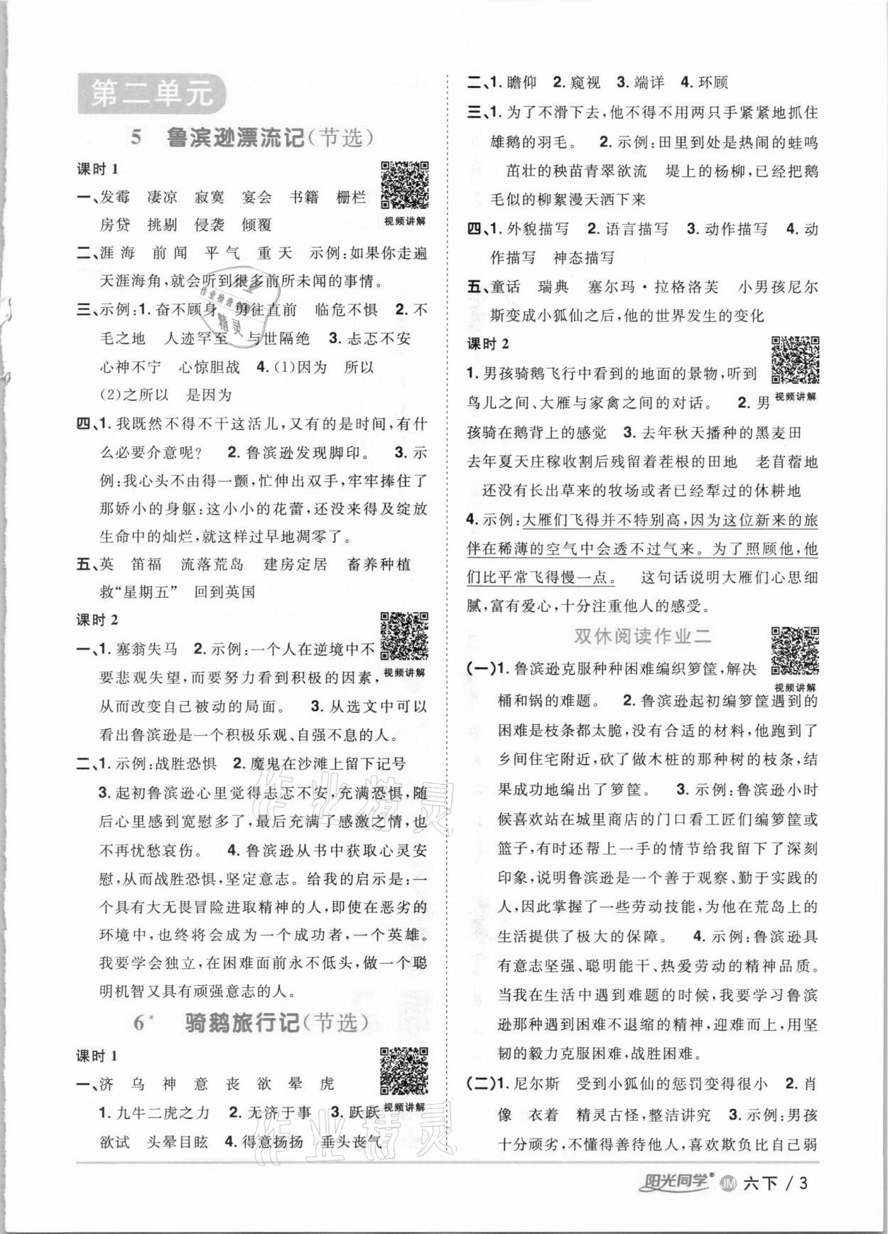 2021年陽光同學(xué)課時優(yōu)化作業(yè)六年級語文下冊人教版江門專版 參考答案第3頁