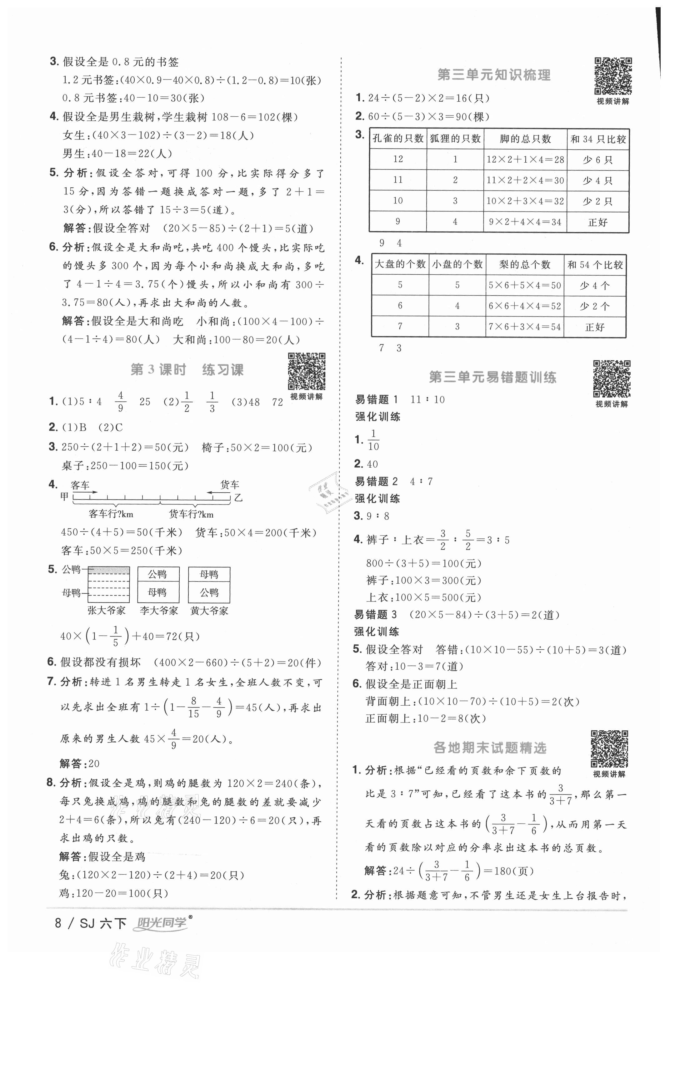 2021年阳光同学课时优化作业六年级数学下册苏教版淮宿连专版 参考答案第8页