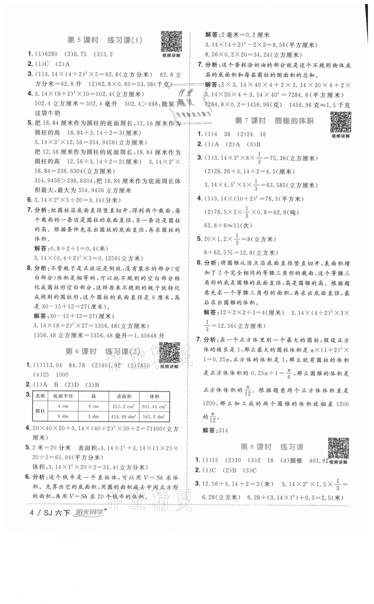 2021年阳光同学课时优化作业六年级数学下册苏教版淮宿连专版 参考答案第4页