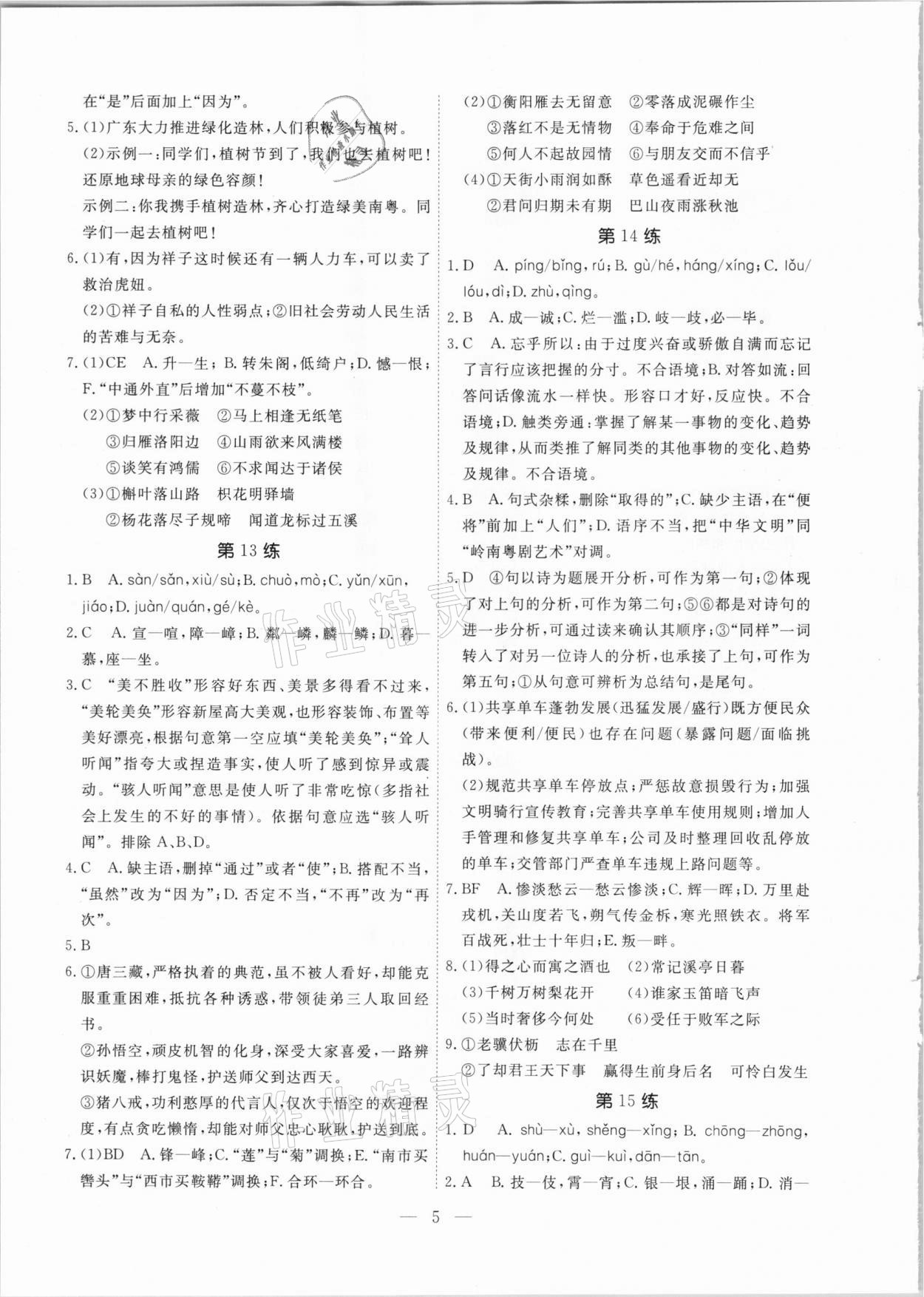 2021年一飛沖天中考語文基礎知識強化訓練廣州專版 參考答案第5頁