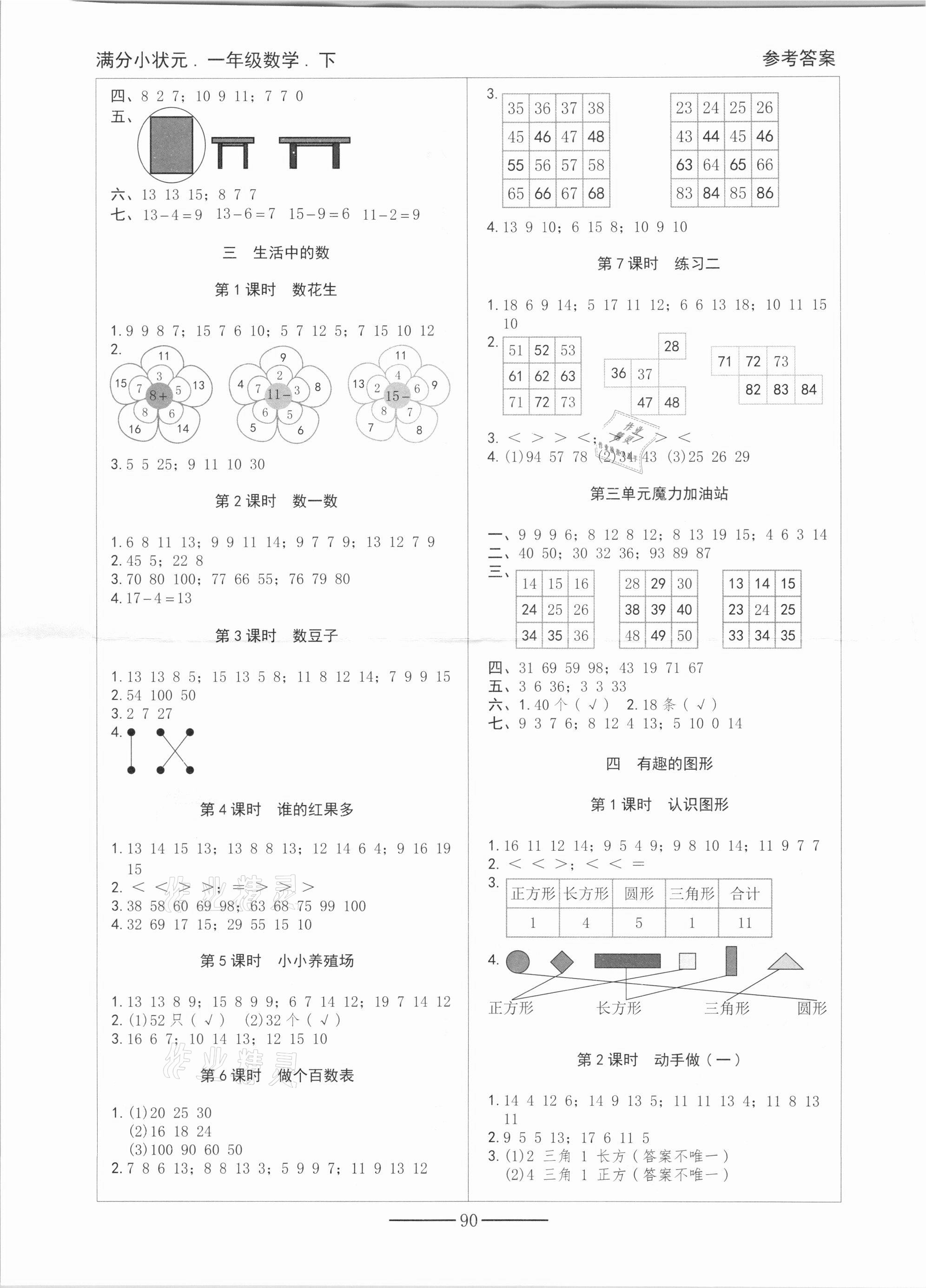 2021年滿分小狀元一年級數(shù)學下冊北師大版 參考答案第2頁