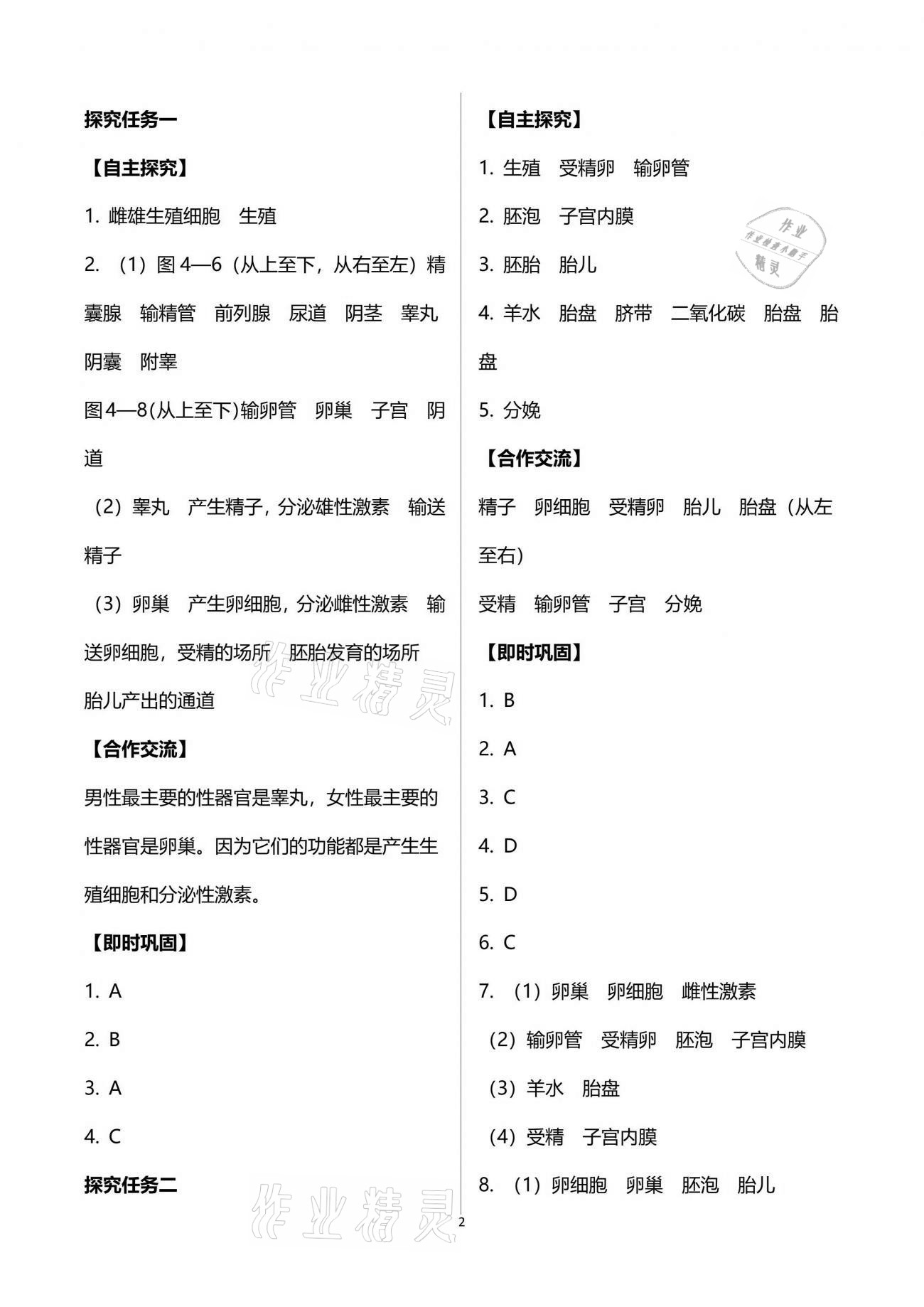 2021年自主學(xué)習(xí)指導(dǎo)課程與測(cè)試七年級(jí)生物學(xué)下冊(cè)人教版 參考答案第2頁(yè)