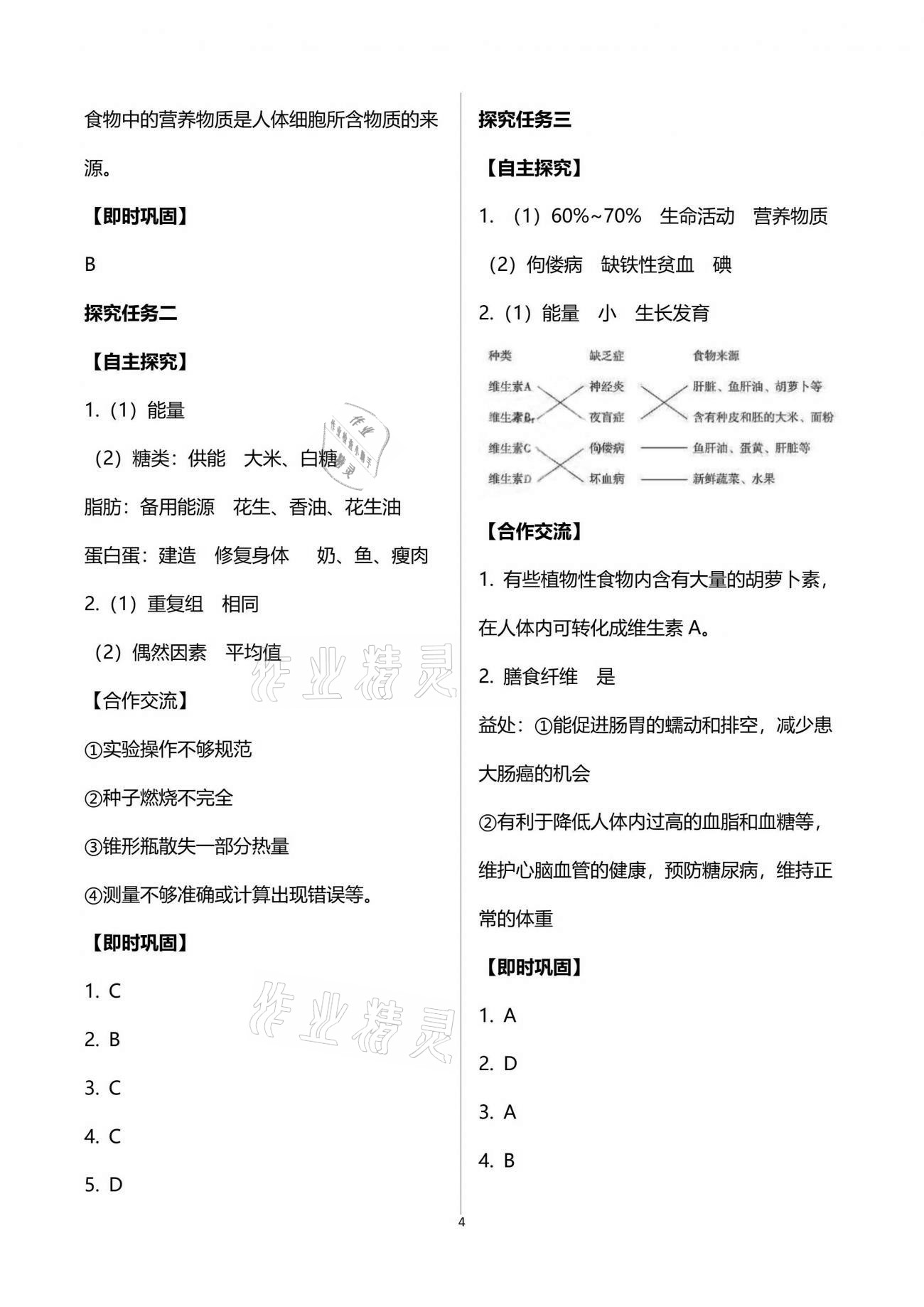 2021年自主學(xué)習(xí)指導(dǎo)課程與測(cè)試七年級(jí)生物學(xué)下冊(cè)人教版 參考答案第4頁