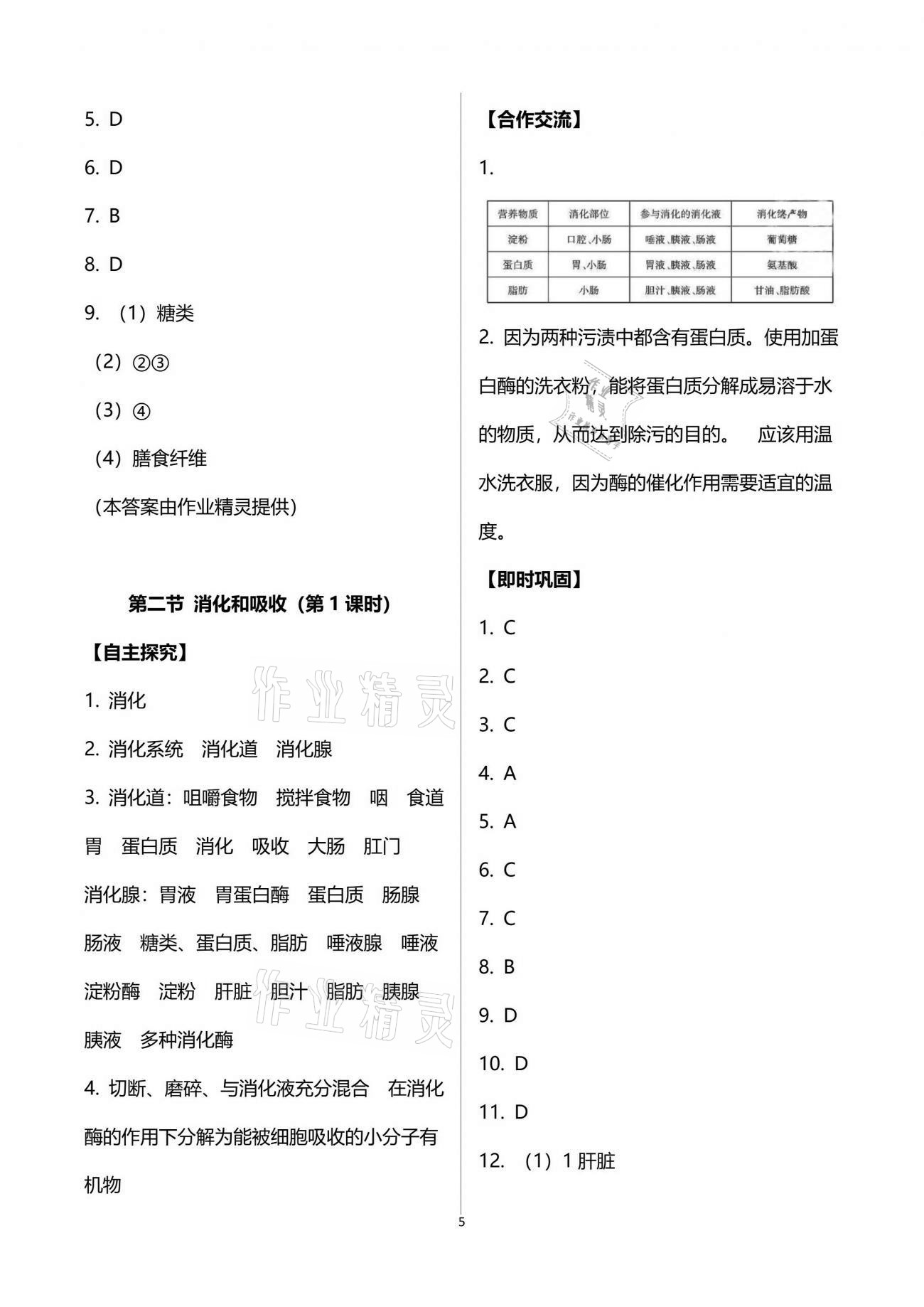 2021年自主學習指導課程與測試七年級生物學下冊人教版 參考答案第5頁