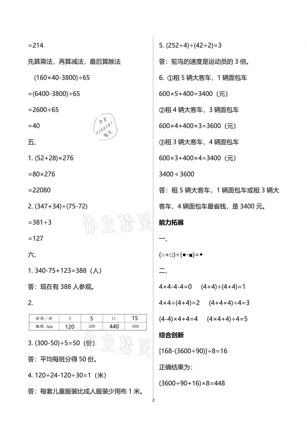 2021年数学单元自测四年级下册人教版 参考答案第2页