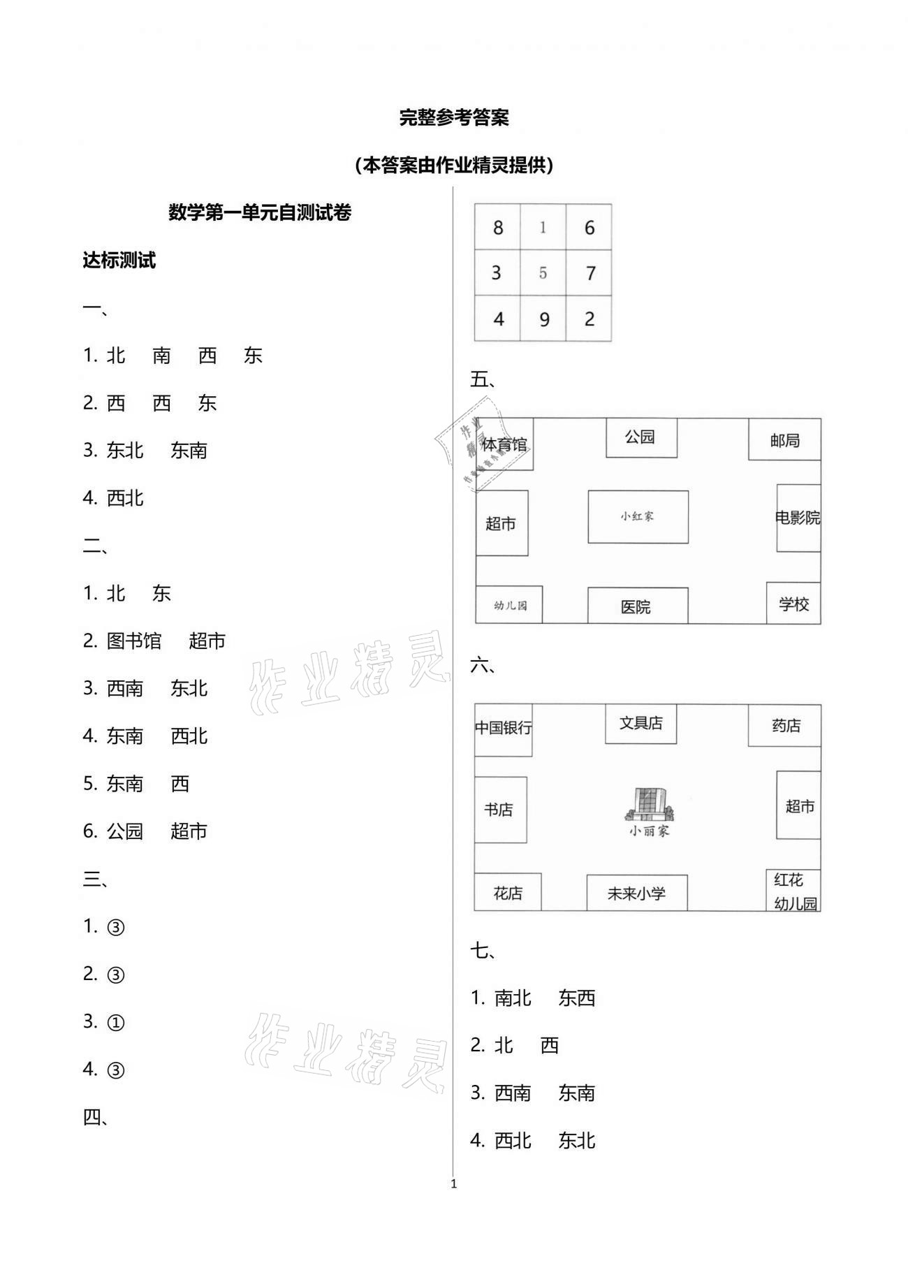 2021年數(shù)學(xué)單元自測三年級下冊人教版 參考答案第1頁