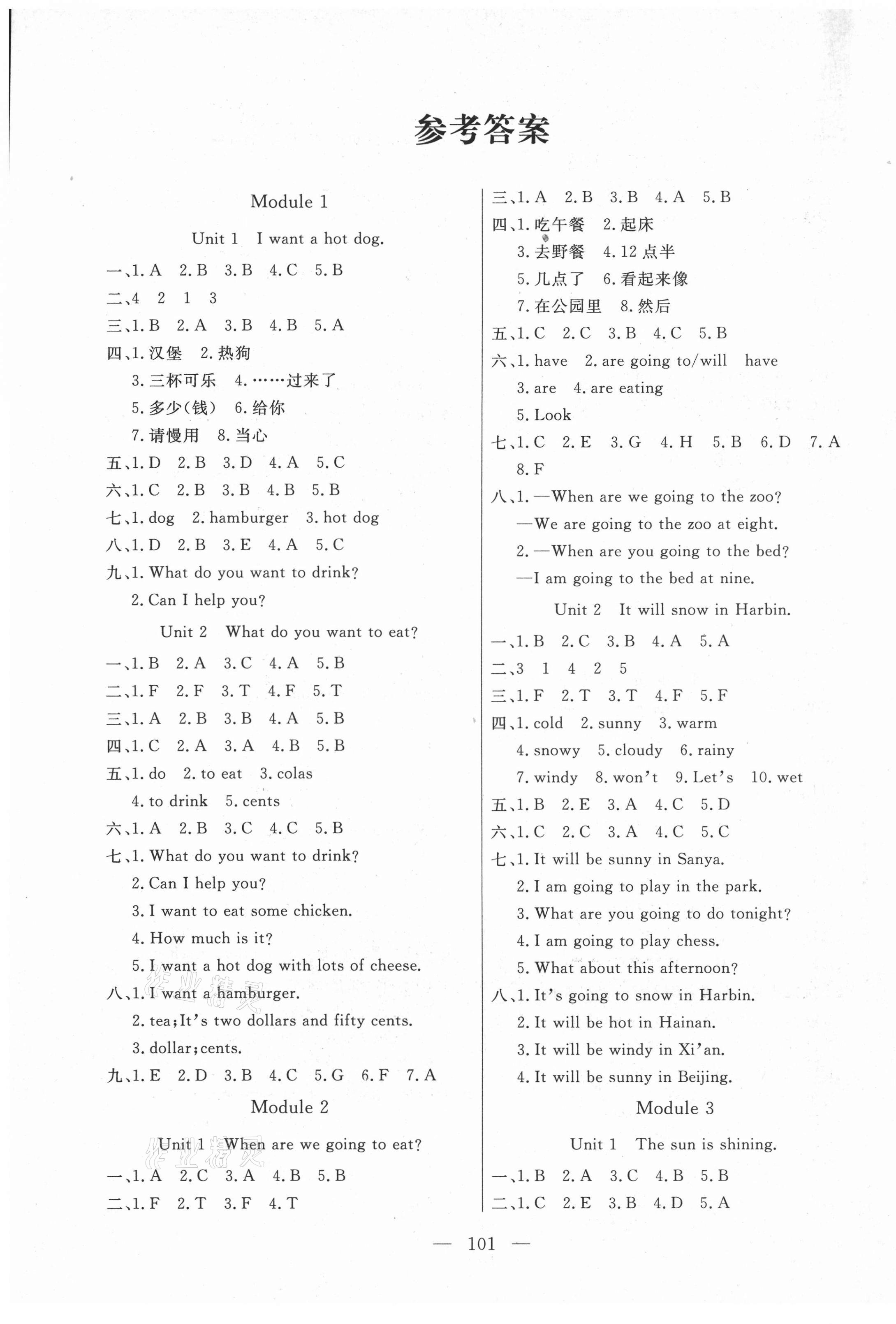 2021年狀元陪練課時優(yōu)化設(shè)計六年級英語下冊外研版 參考答案第1頁