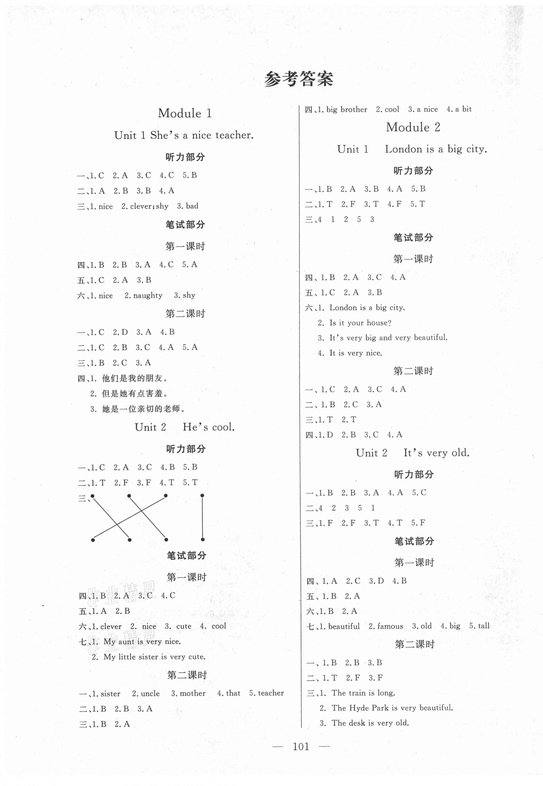 2021年狀元陪練課時優(yōu)化設計四年級英語下冊外研版 參考答案第1頁