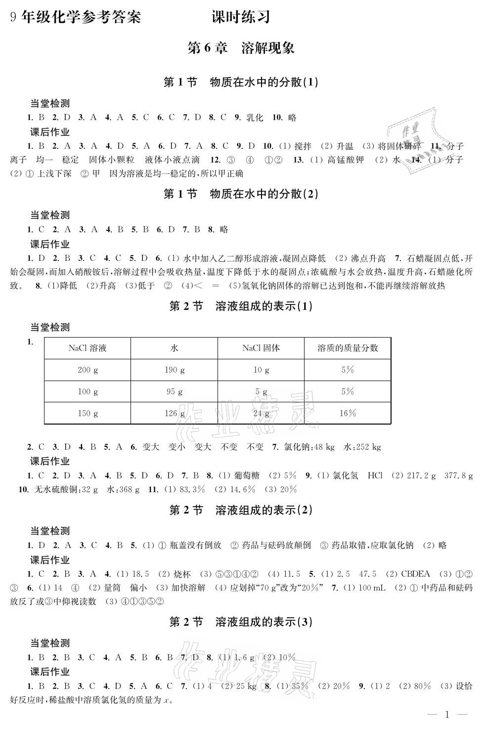 2021年導學與評價方案九年級化學下冊滬教版 參考答案第1頁