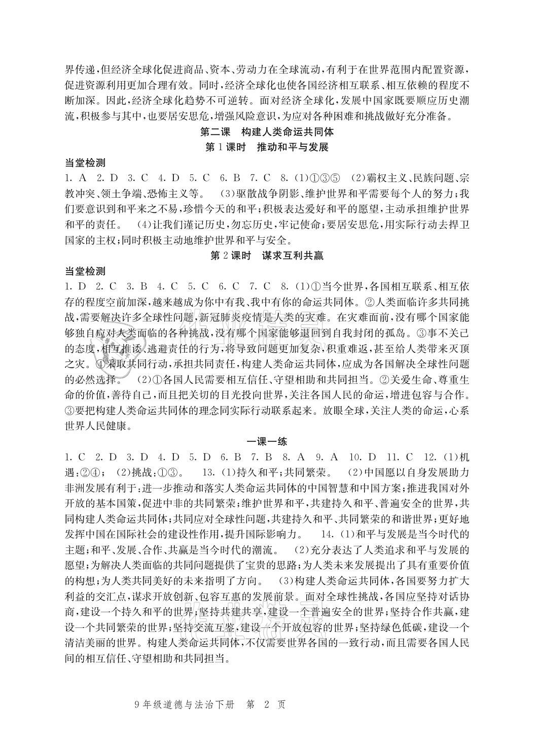 2021年導(dǎo)學(xué)與評價方案九年級道德與法治下冊人教版 參考答案第2頁