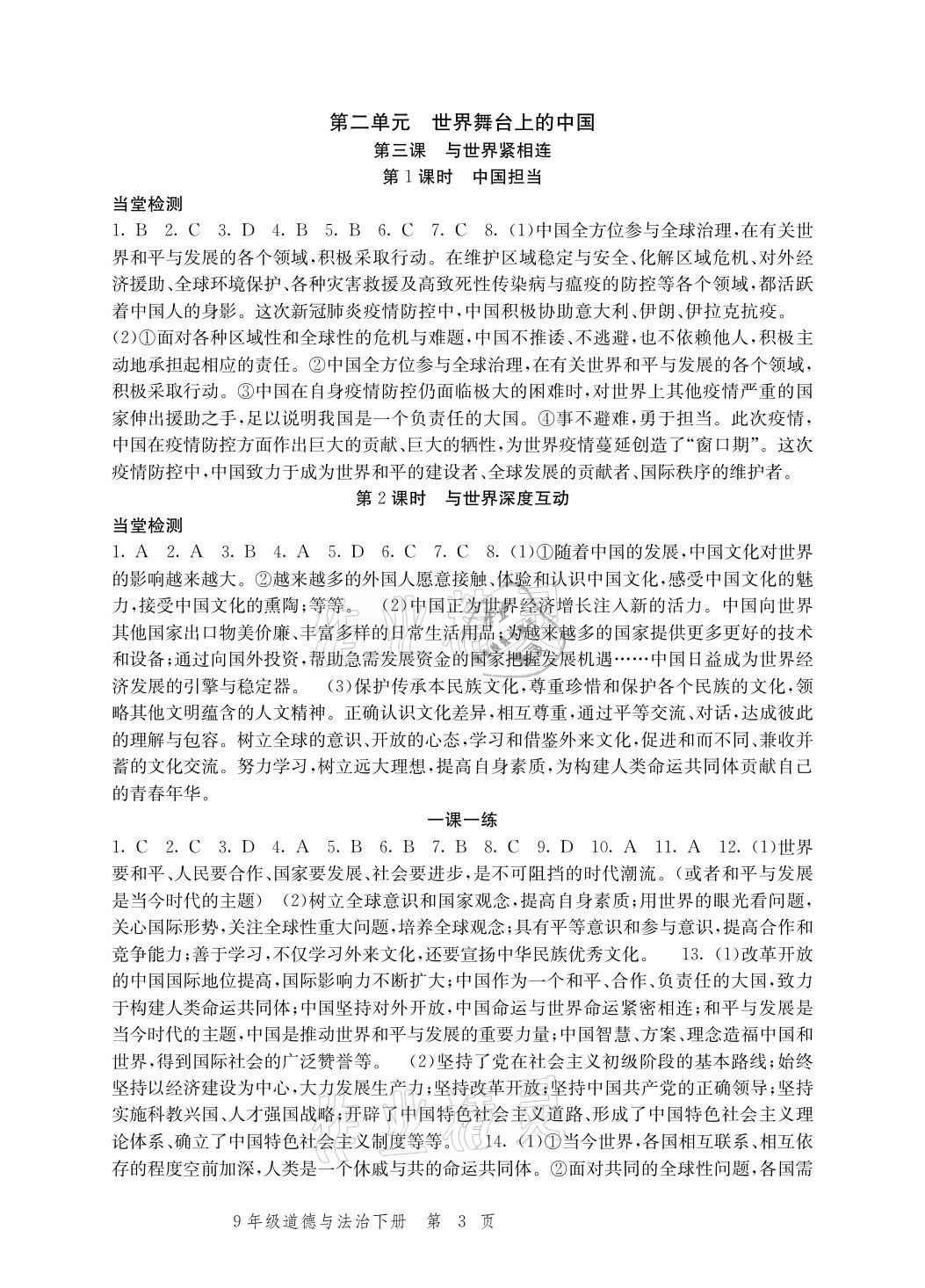 2021年導(dǎo)學(xué)與評(píng)價(jià)方案九年級(jí)道德與法治下冊(cè)人教版 參考答案第3頁