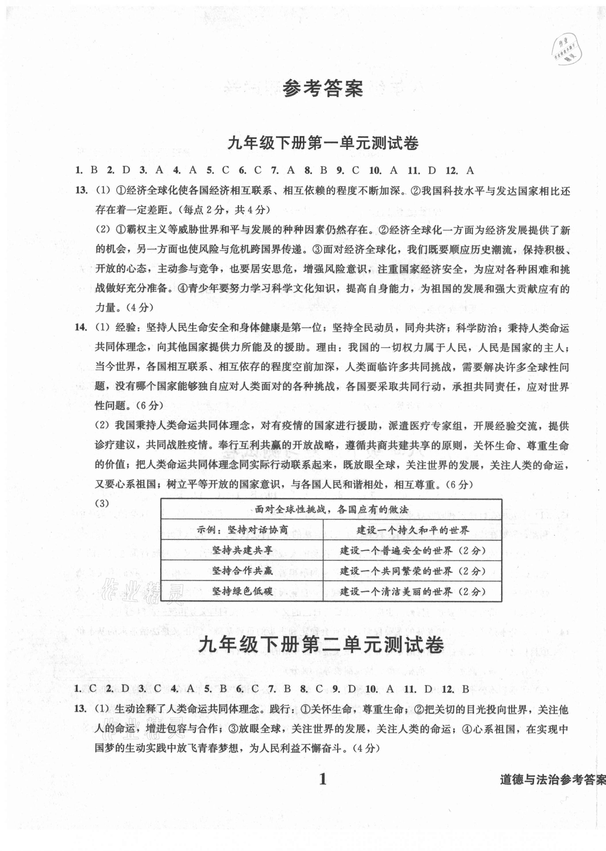 2021年学业质量测试薄九年级道德与法治下册人教版 第1页