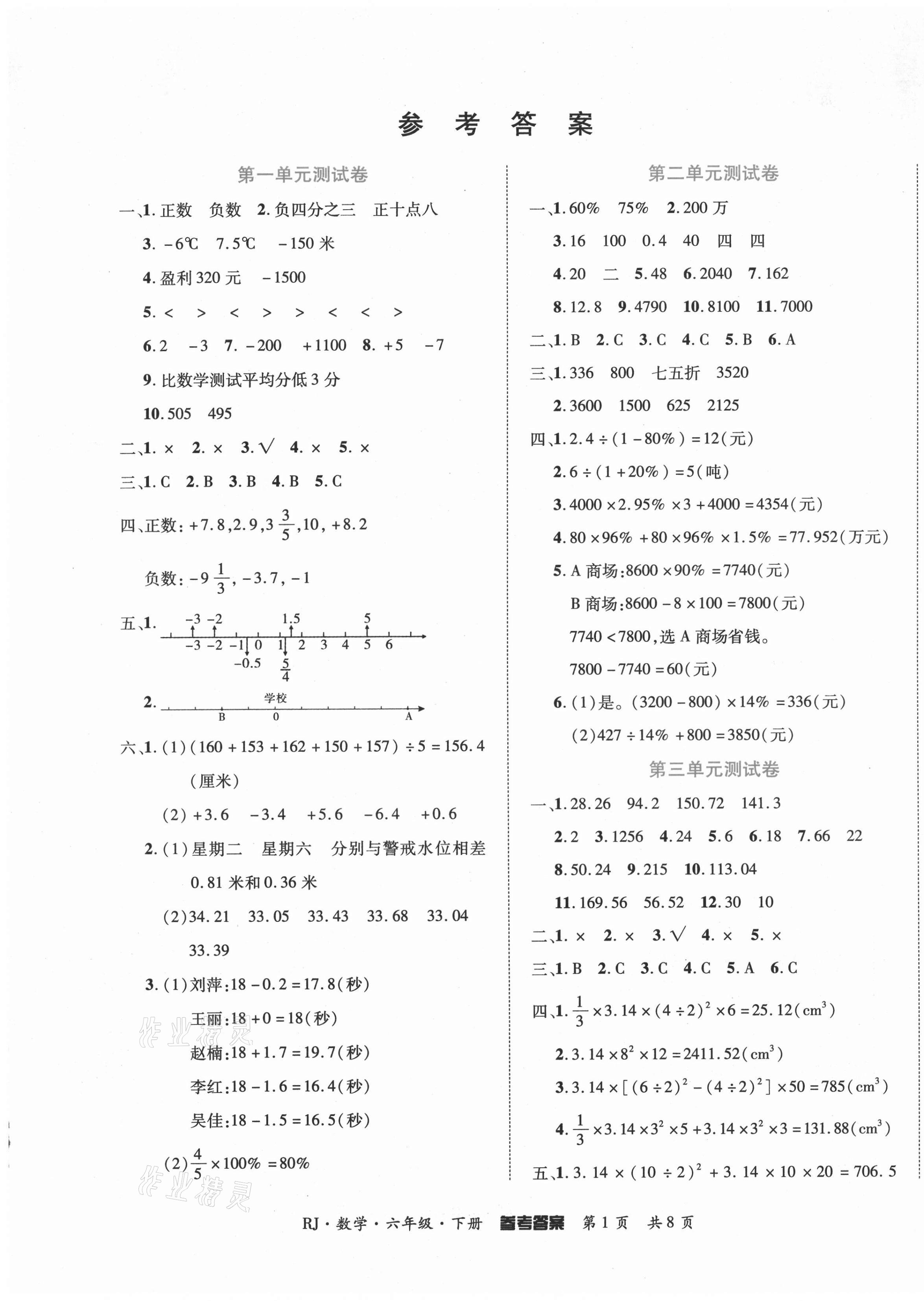 2021年金榜必刷卷六年級數(shù)學下冊人教版 第1頁