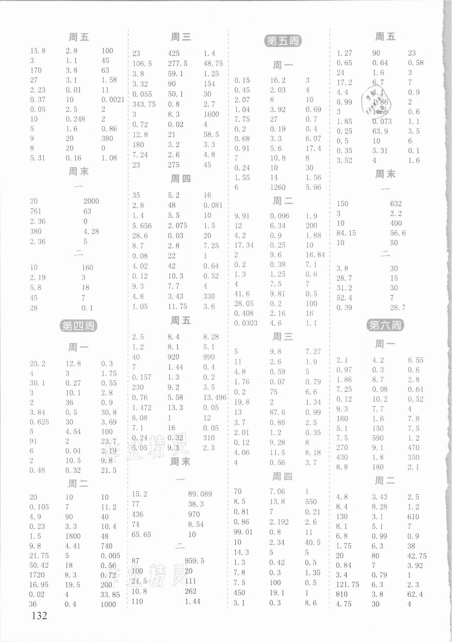 2021年速算能手口算題卡五年級下冊人教版 參考答案第2頁