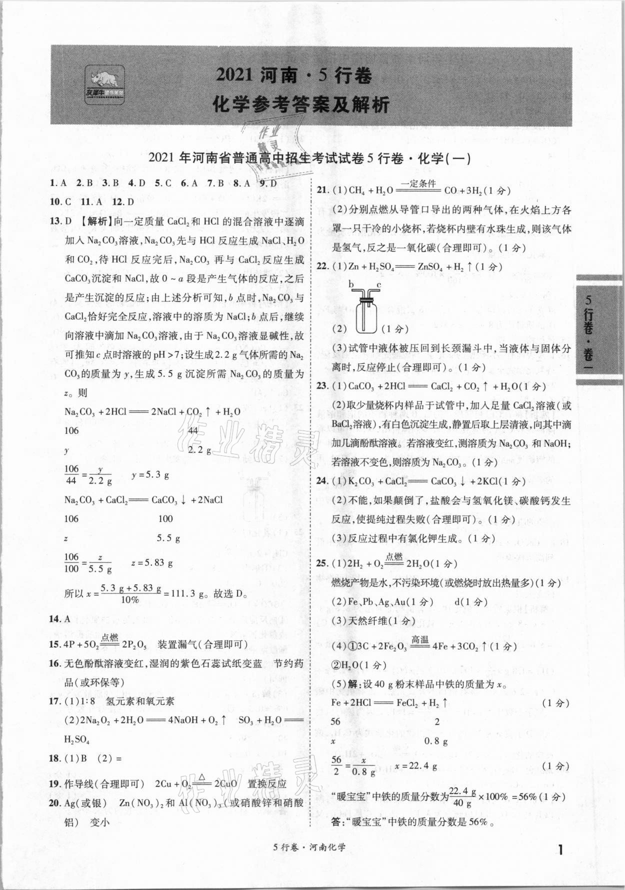 2021年一战成名河南中考5行卷化学 第1页