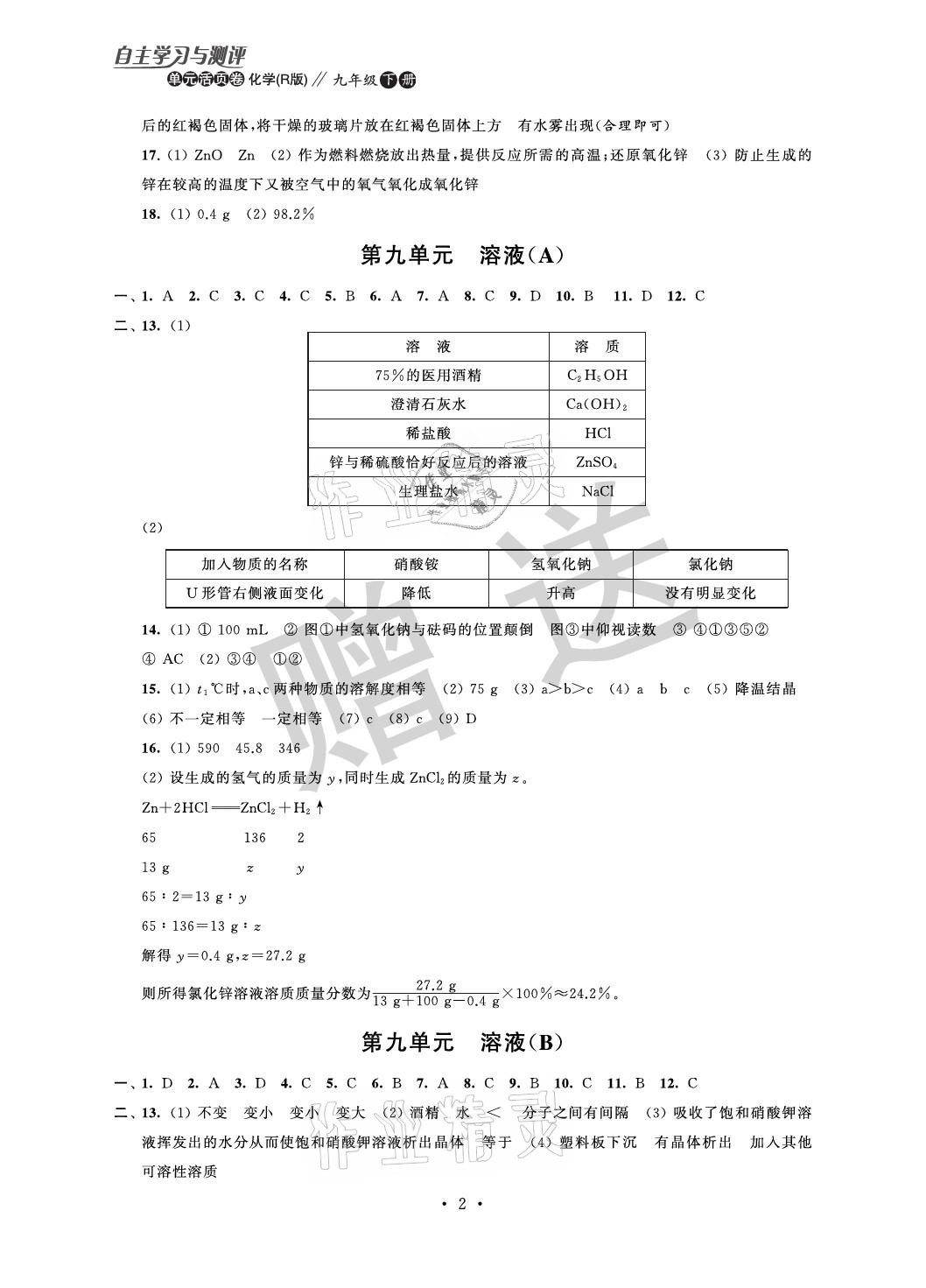 2021年自主學(xué)習(xí)與測評單元活頁卷九年級化學(xué)下冊人教版 參考答案第2頁