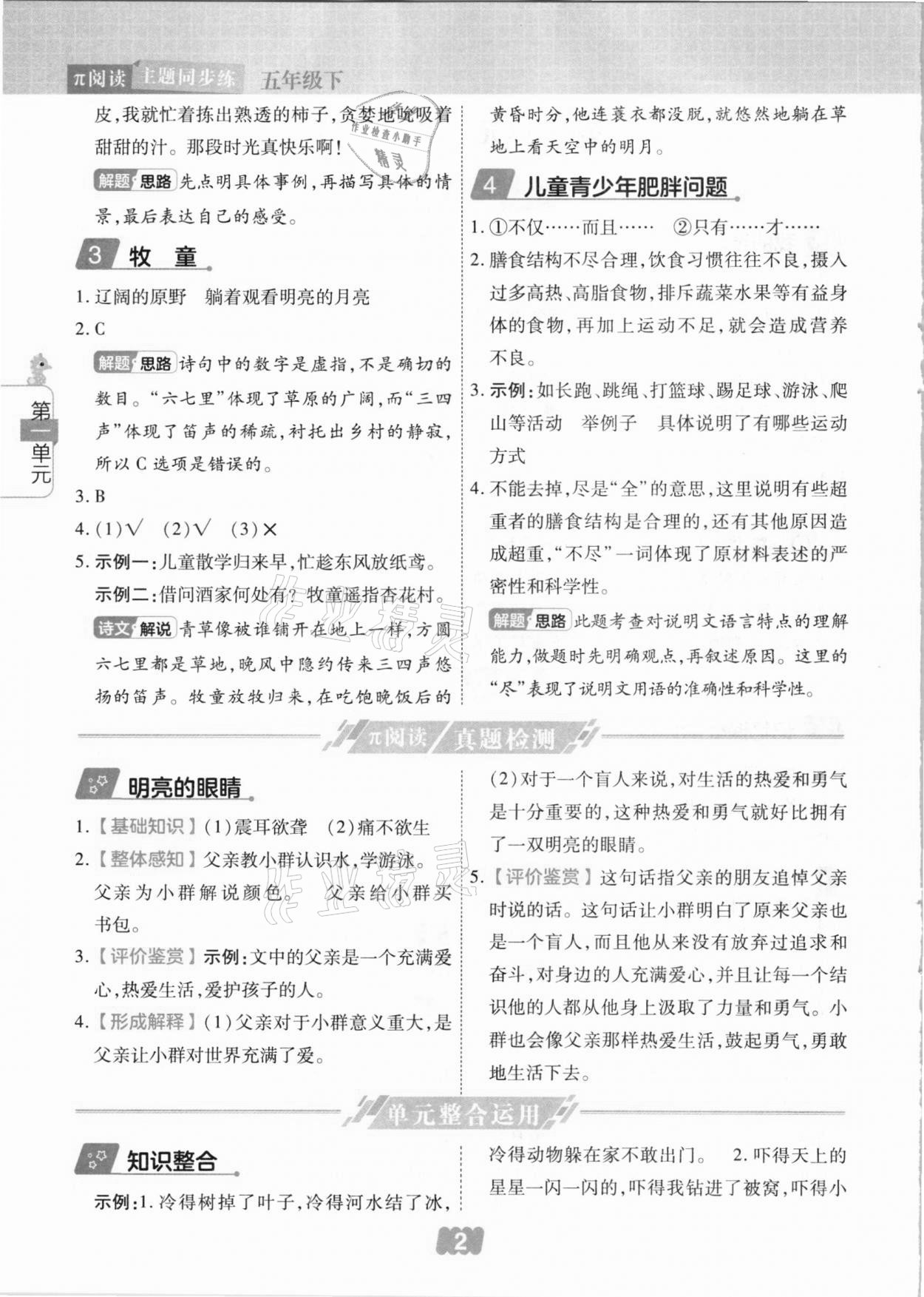 2021年π閱讀主題同步練五年級(jí)語(yǔ)文下冊(cè)人教版 參考答案第2頁(yè)