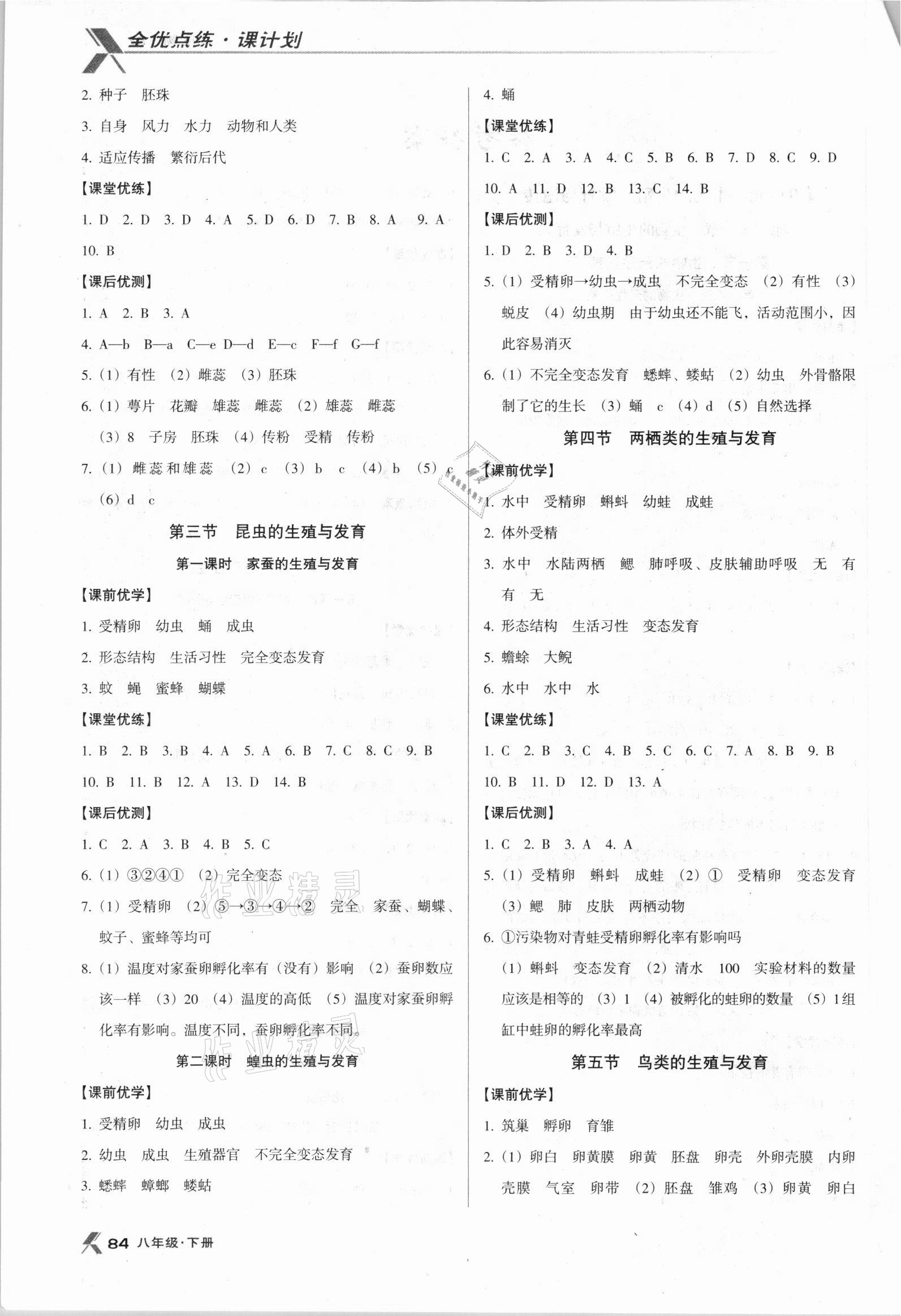 2021年全优点练课计划八年级生物下册苏教版 参考答案第2页