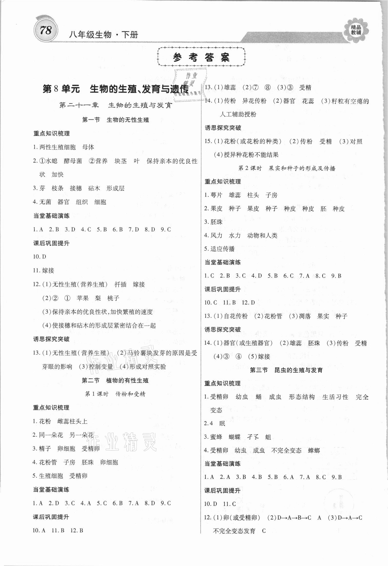 2021年練重點(diǎn)八年級(jí)生物下冊(cè)蘇教版 參考答案第1頁