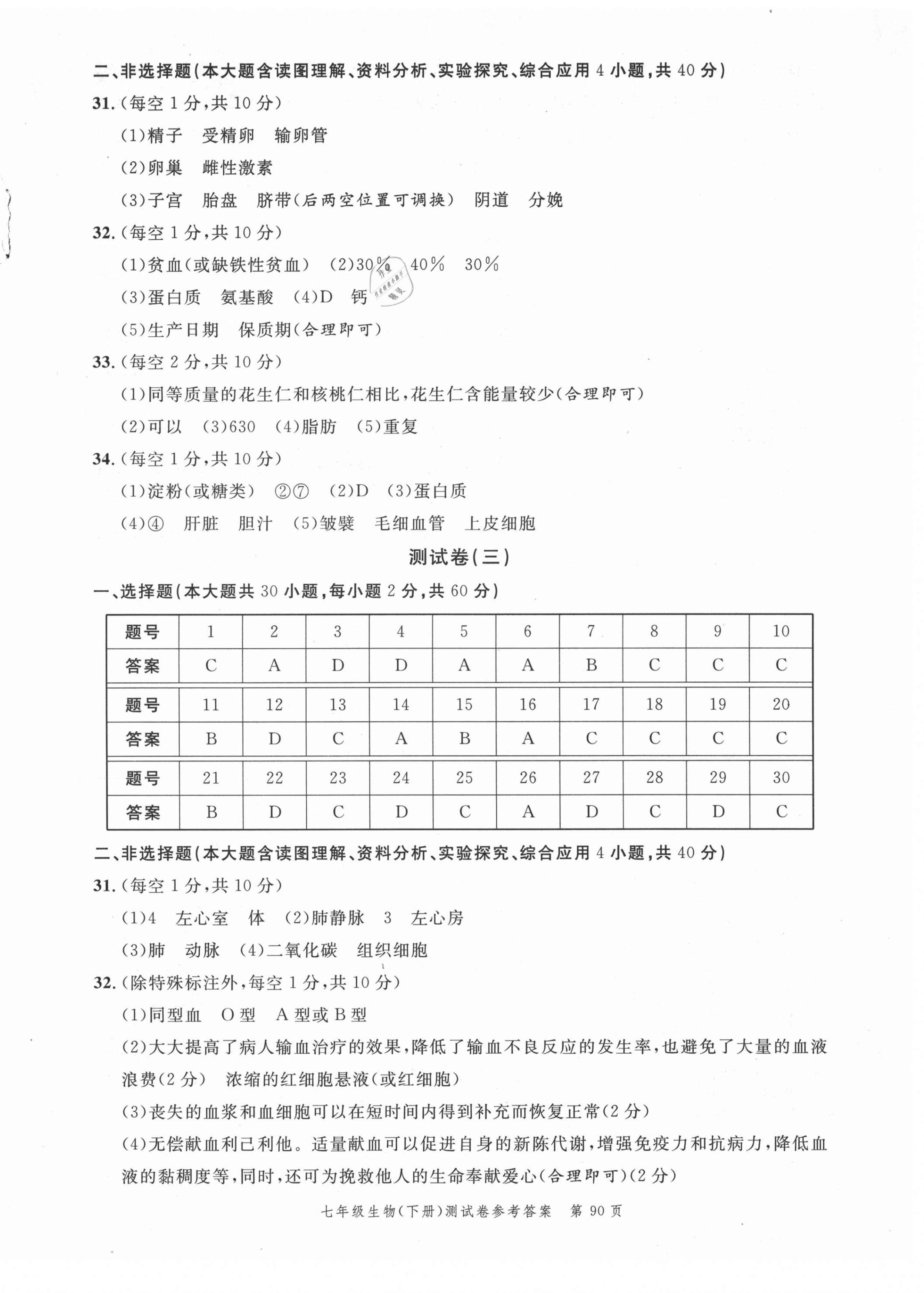 2021年南粤学典名师金典测试卷七年级生物下册人教版 第2页