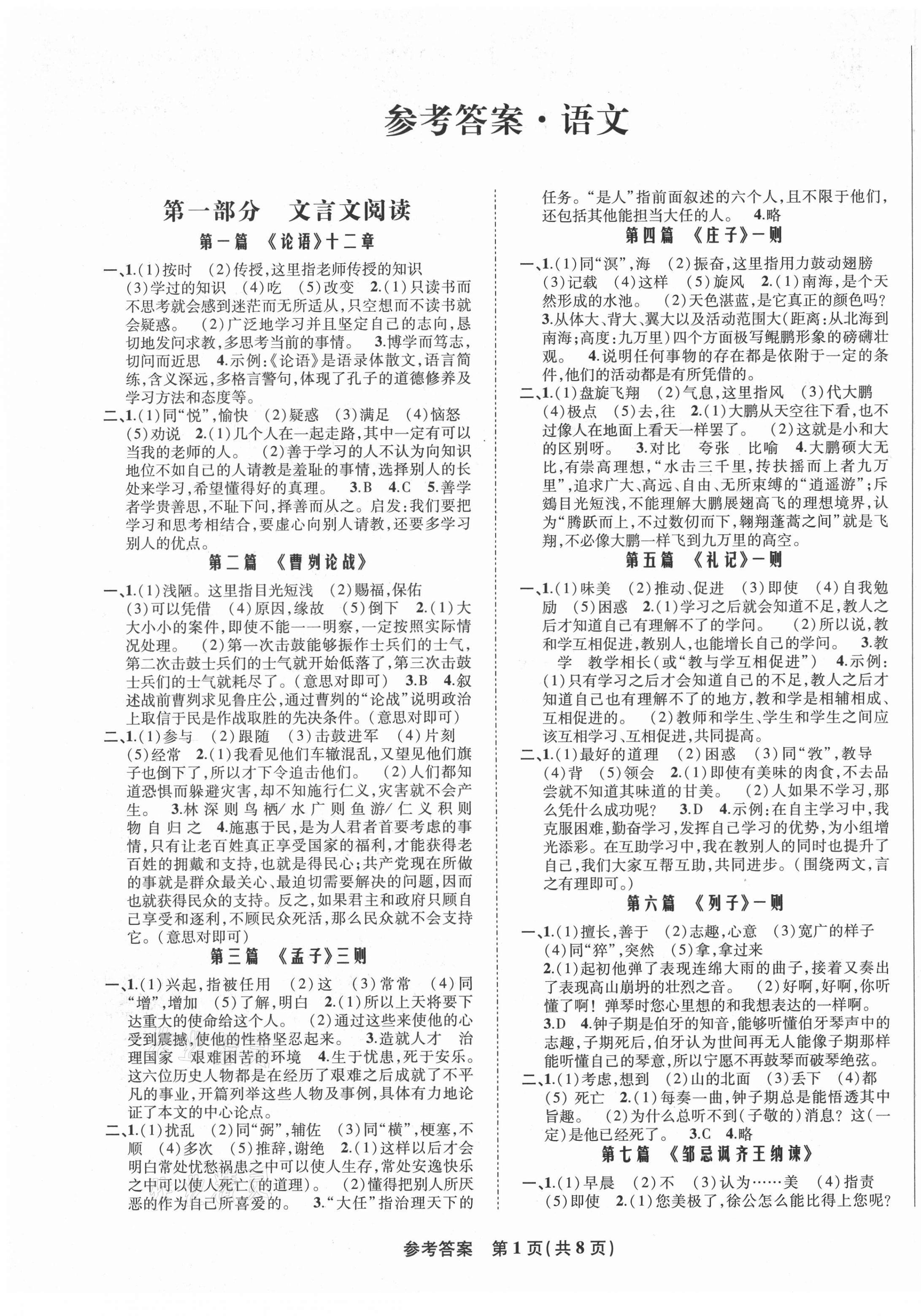 2021年九年级毕业班综合练习与检测语文 第1页