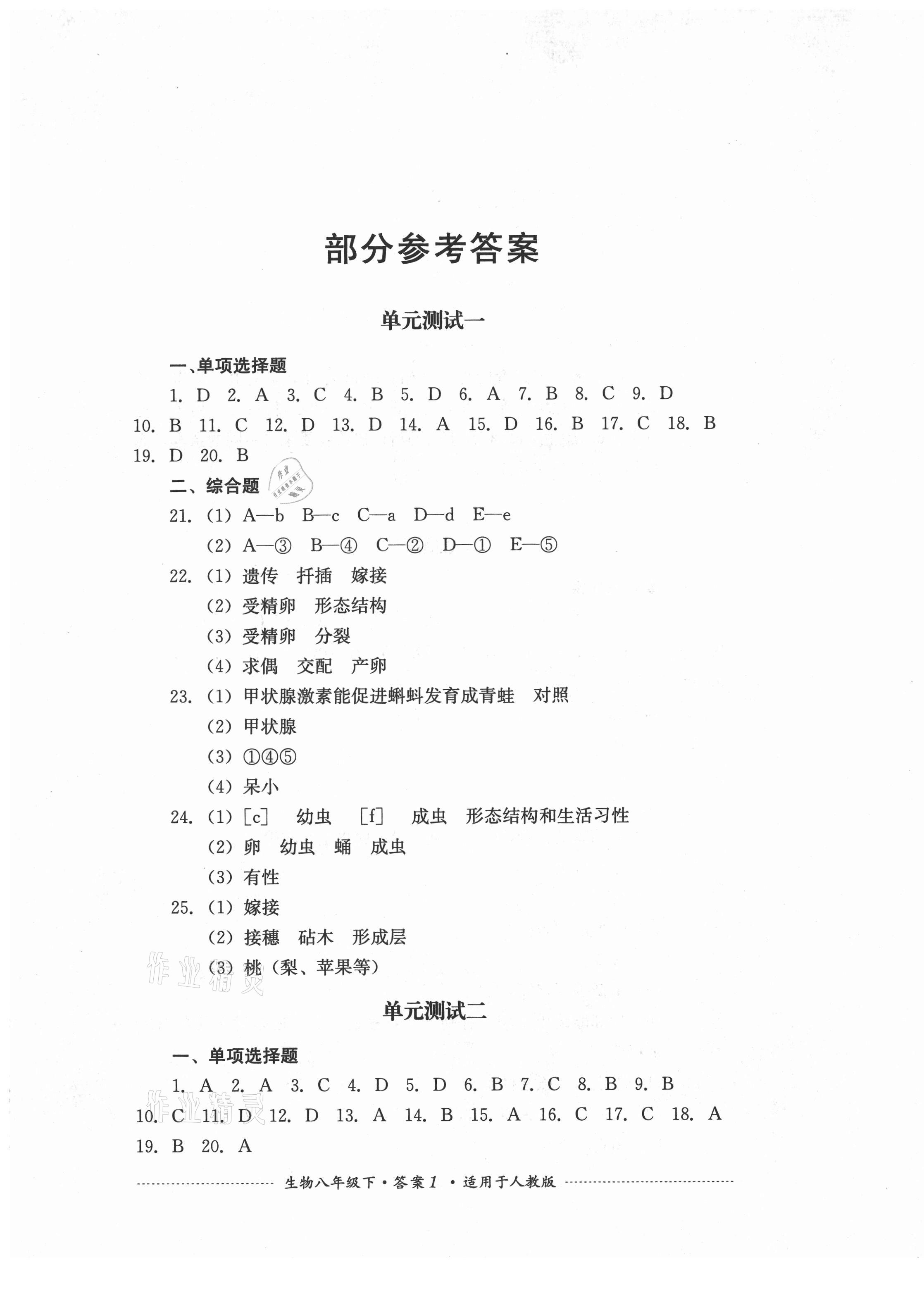 2021年单元测试八年级生物下册人教版四川教育出版社 第1页