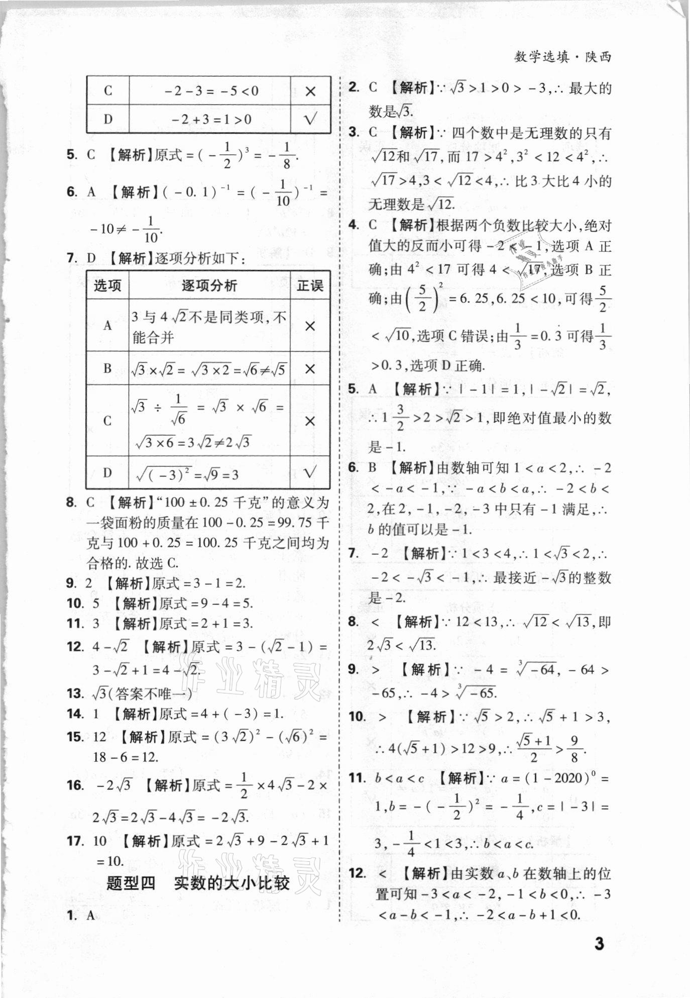 2021年万唯中考数学选填专项集训陕西专版 参考答案第2页