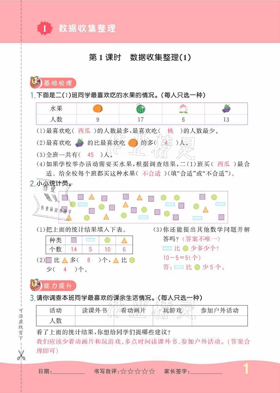 2021年小學(xué)生1課3練培優(yōu)作業(yè)本二年級數(shù)學(xué)下冊人教版 參考答案第1頁