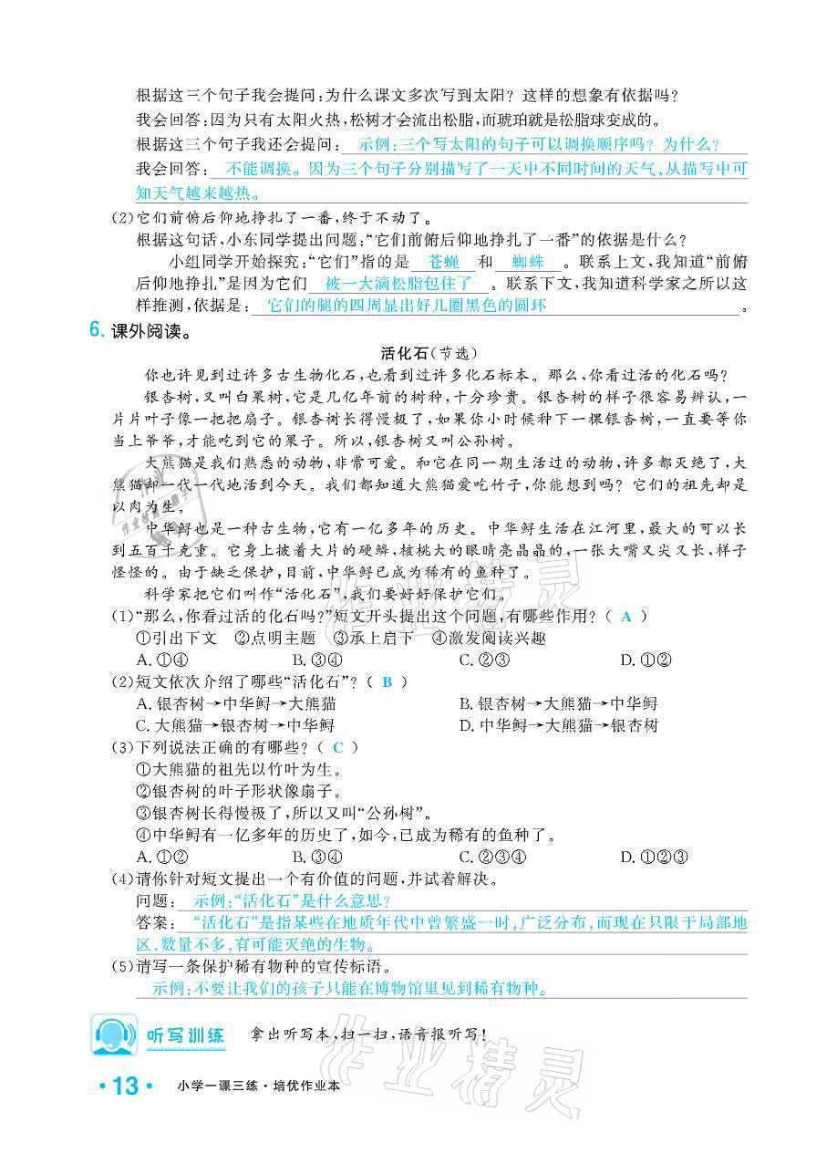 2021年小學(xué)1課3練培優(yōu)作業(yè)本四年級語文下冊人教版 參考答案第13頁