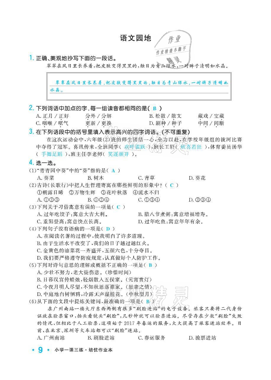 2021年小学1课3练培优作业本六年级语文下册人教版 参考答案第9页