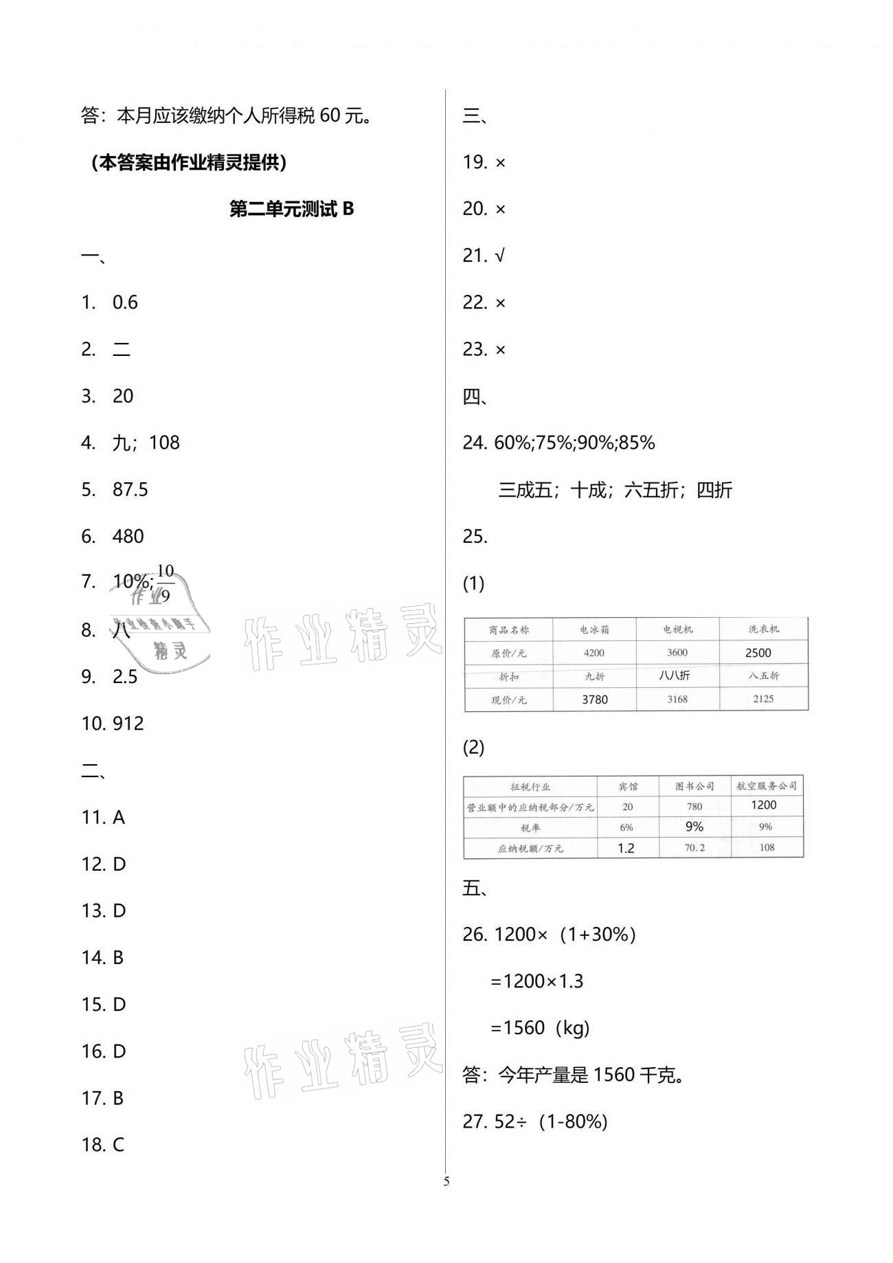 2021年同步練習(xí)冊(cè)配套單元自測(cè)試卷六年級(jí)數(shù)學(xué)下冊(cè)人教版 參考答案第5頁(yè)