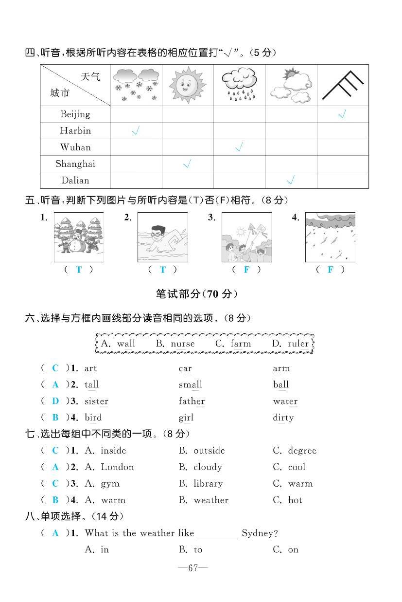 2021年小學(xué)一課三練我的作業(yè)本四年級英語下冊人教版 參考答案第20頁