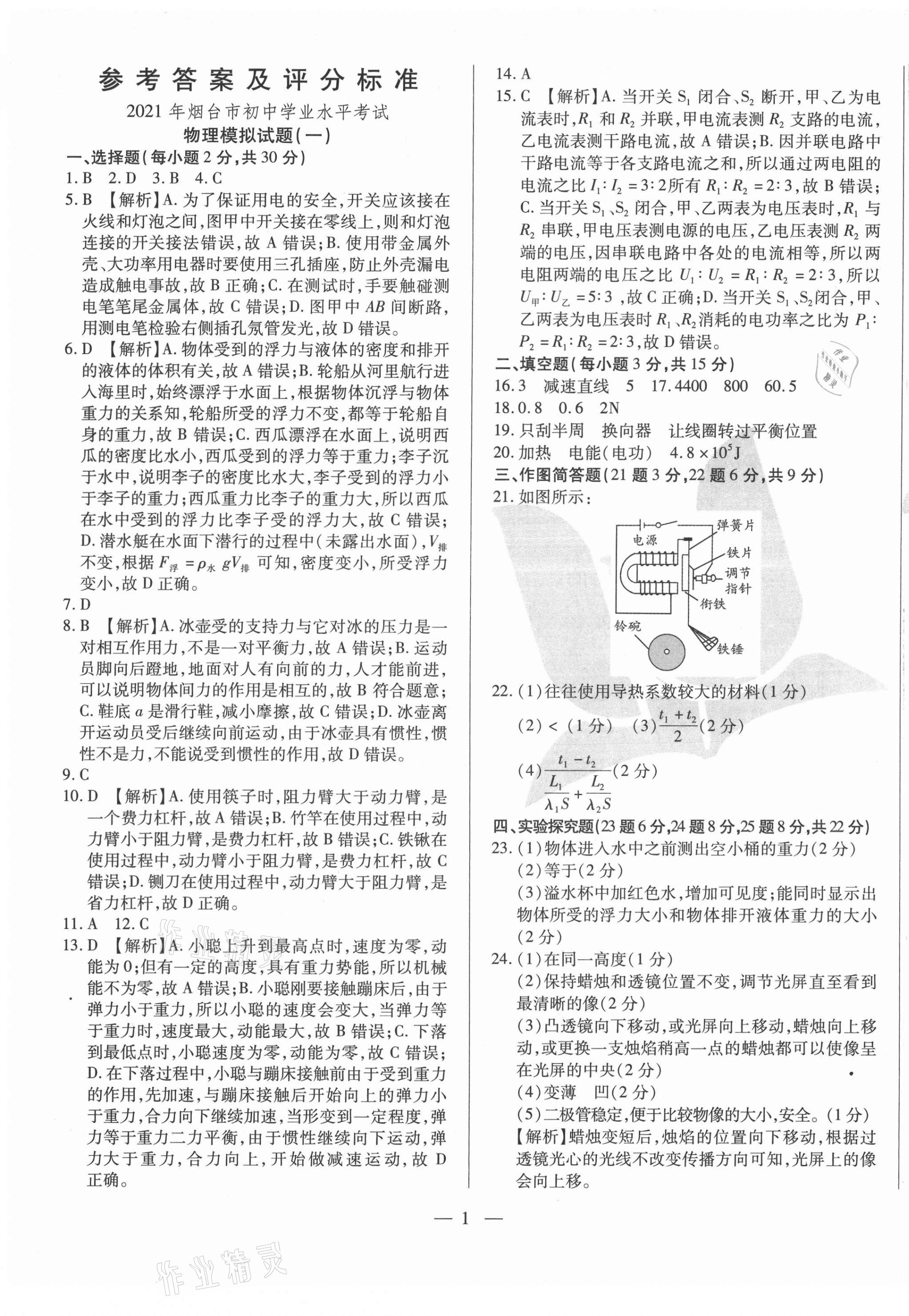 2021年煙臺(tái)初中學(xué)業(yè)水平測試模擬卷8套物理 第1頁