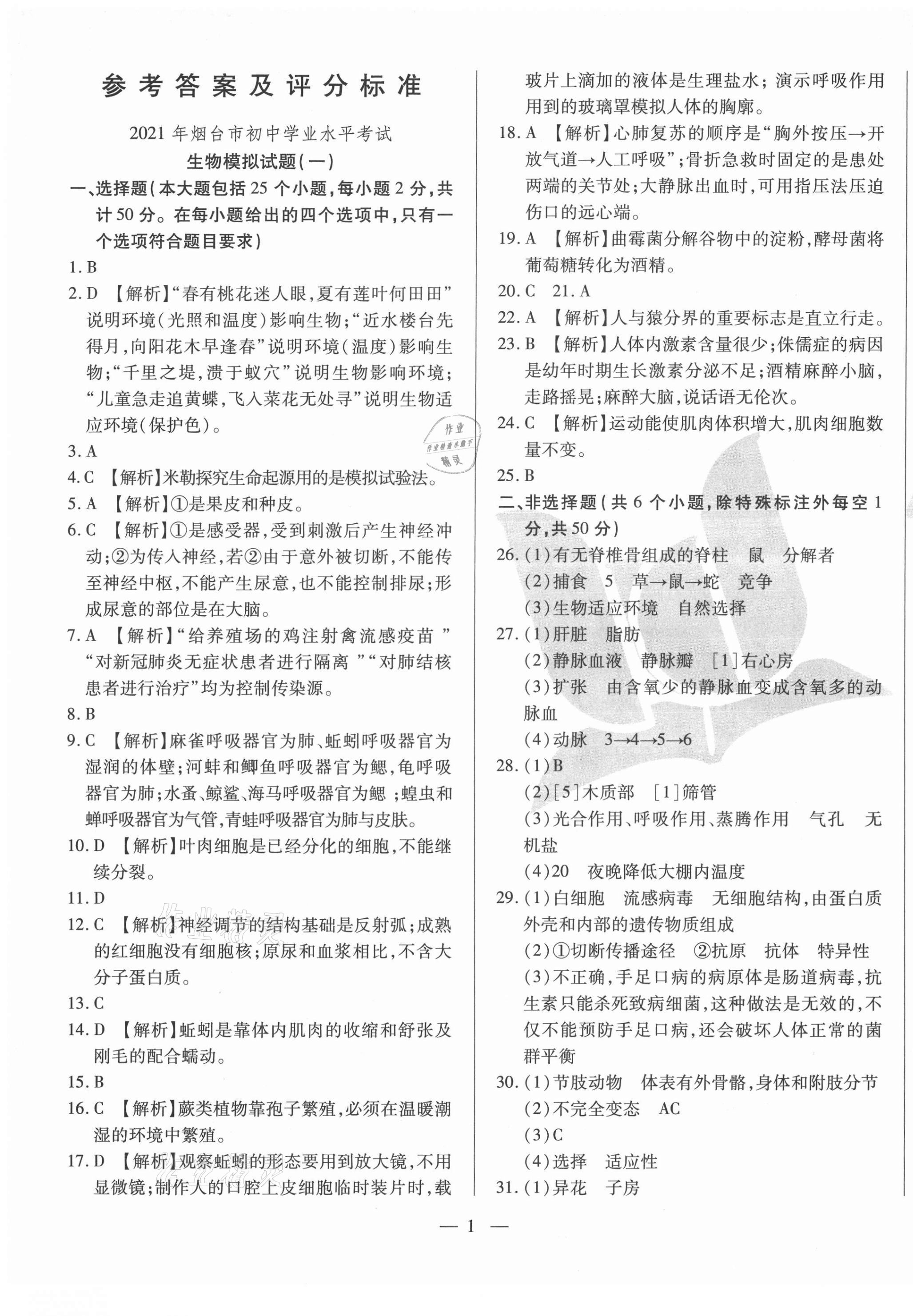 2021年煙臺初中學業(yè)水平測試模擬卷8套生物 第1頁