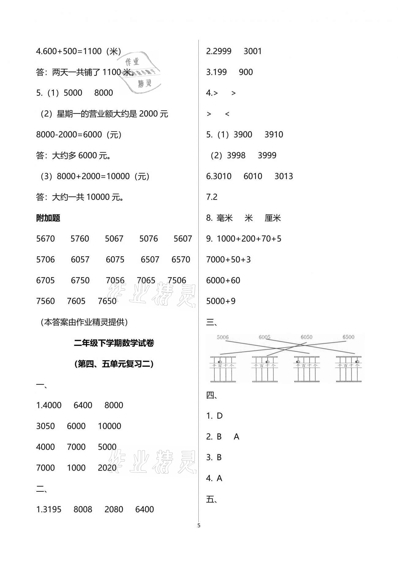 2021年練習(xí)與測(cè)試小學(xué)數(shù)學(xué)二年級(jí)下冊(cè)蘇教版含活頁試卷閱讀 參考答案第5頁