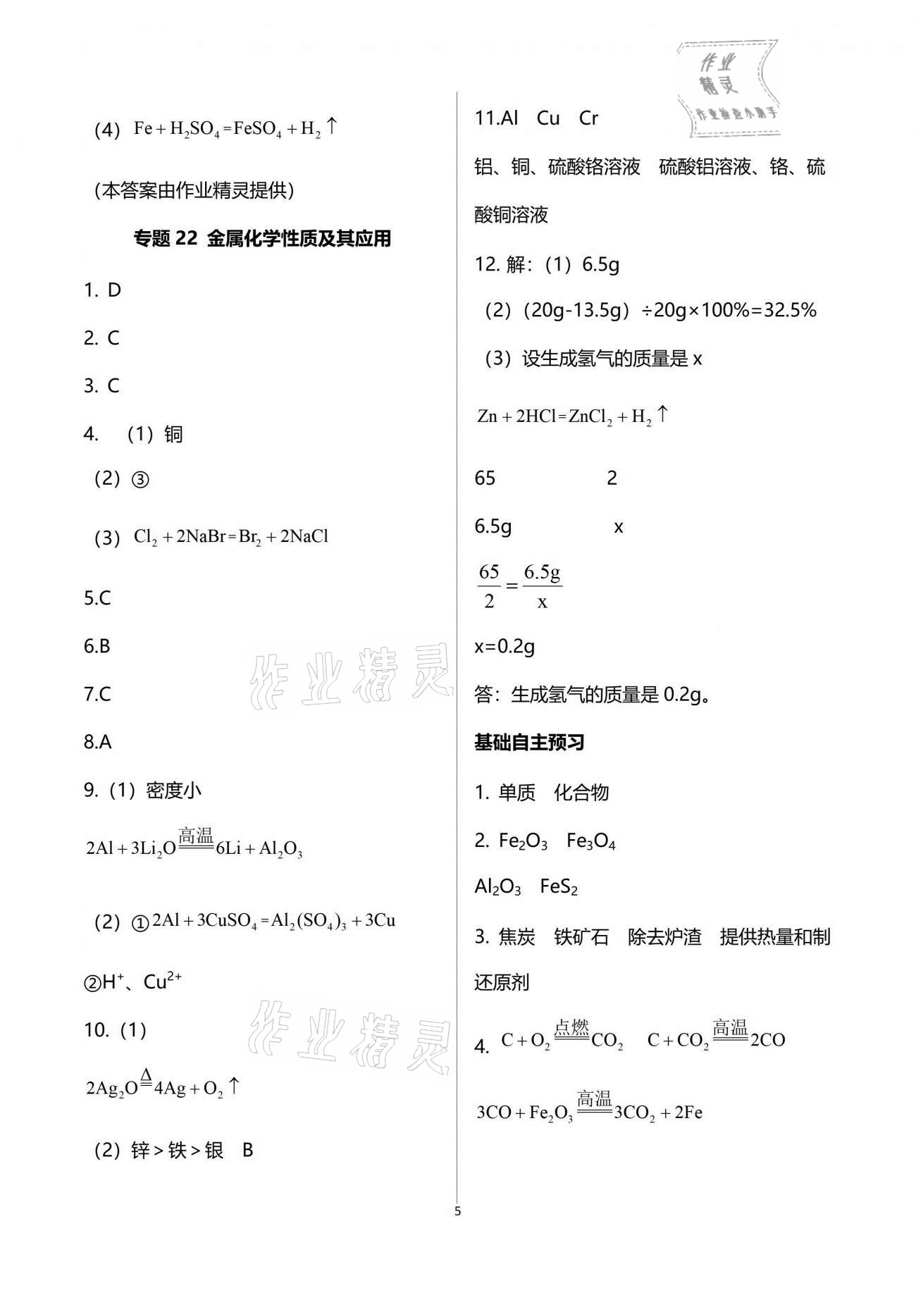 2021年初三化學(xué)課時(shí)精練下冊(cè)人教版重慶專(zhuān)版 參考答案第5頁(yè)