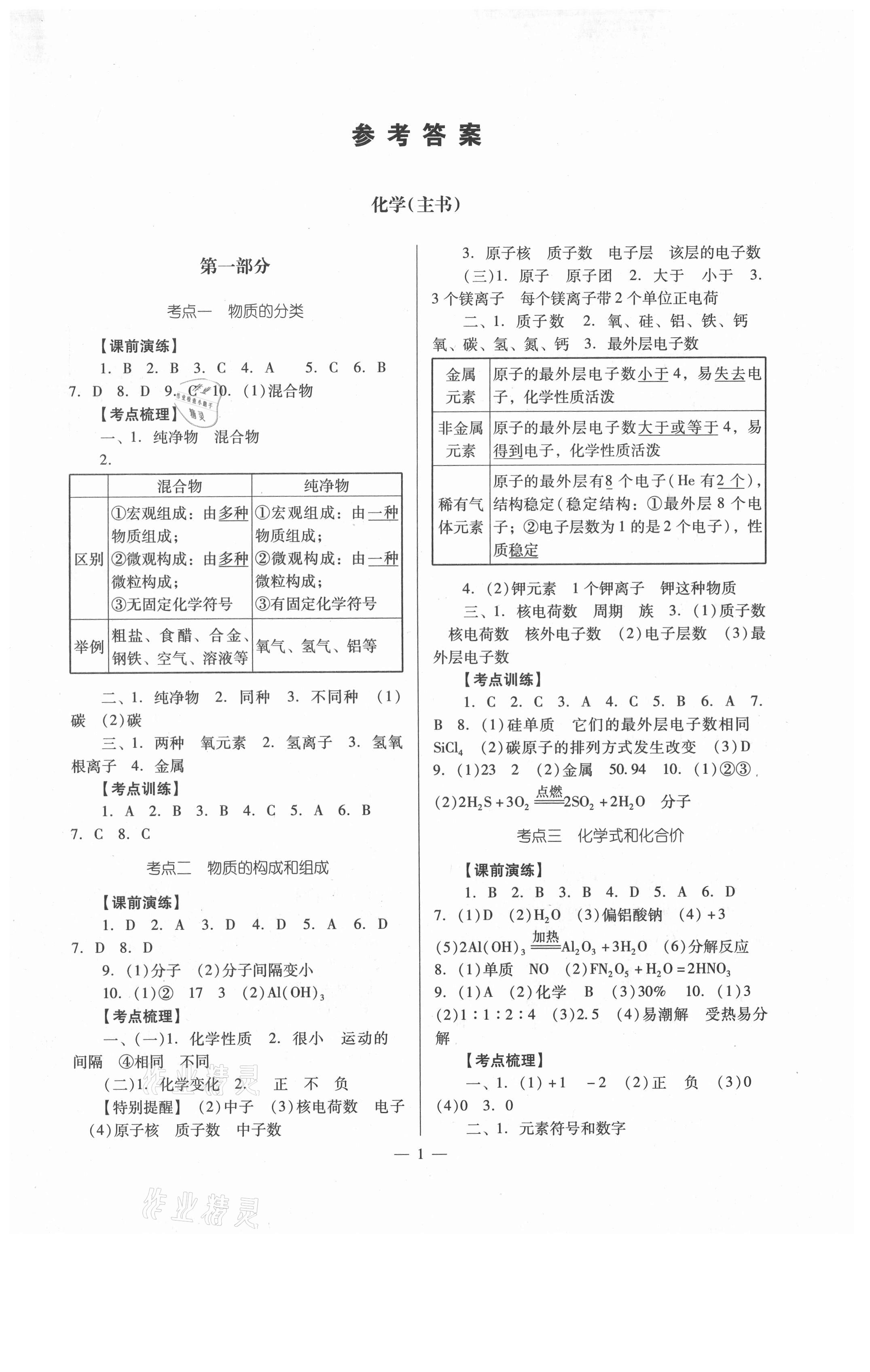 2021年經典中考化學 參考答案第1頁