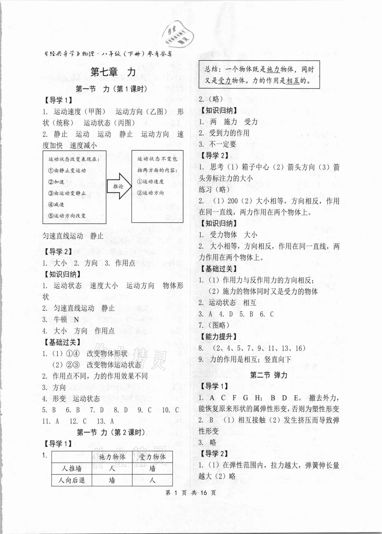 2021年经典导学八年级物理下册人教版 第1页