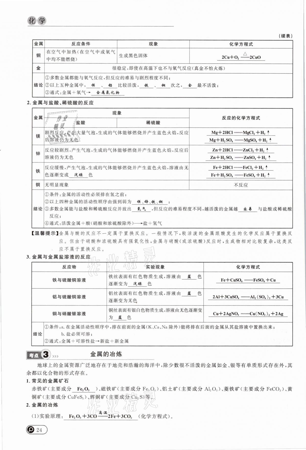 2021年中考全接觸中考試題突破化學(xué)云南專版 參考答案第24頁