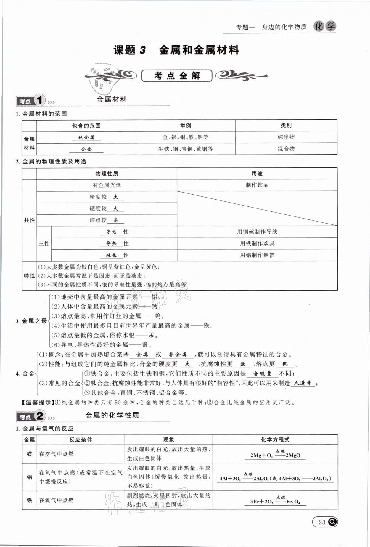 2021年中考全接觸中考試題突破化學云南專版 參考答案第23頁