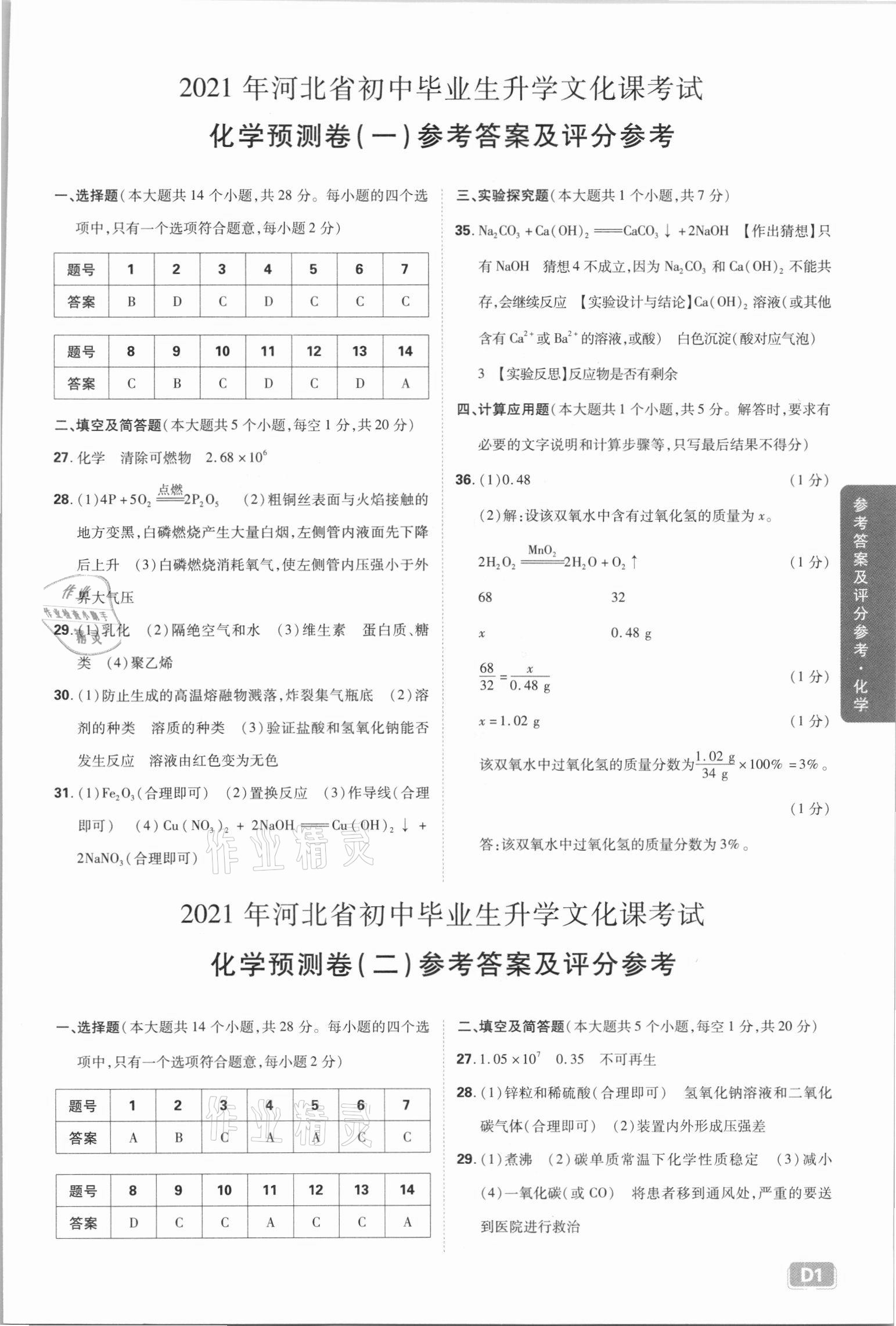 2021年中考必刷卷預測卷化學河北專版開明出版社 參考答案第1頁