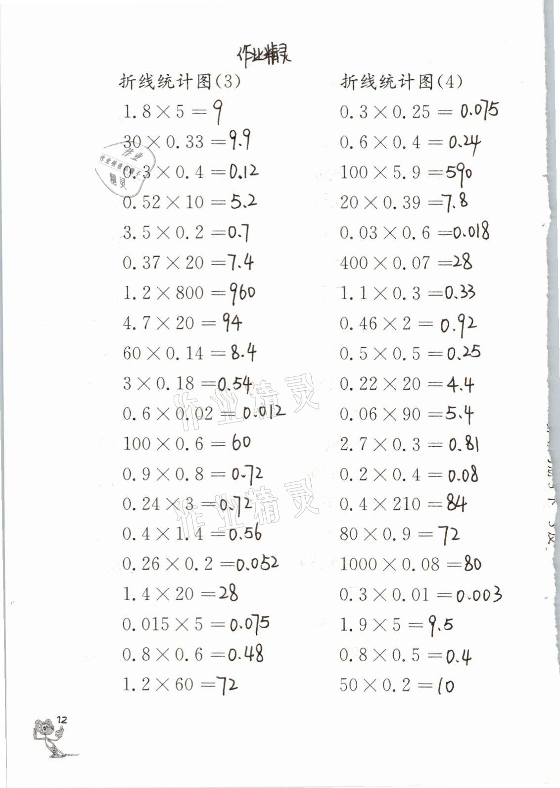 2021年口算練習冊五年級數(shù)學下冊蘇教版江蘇鳳凰教育出版社 參考答案第12頁