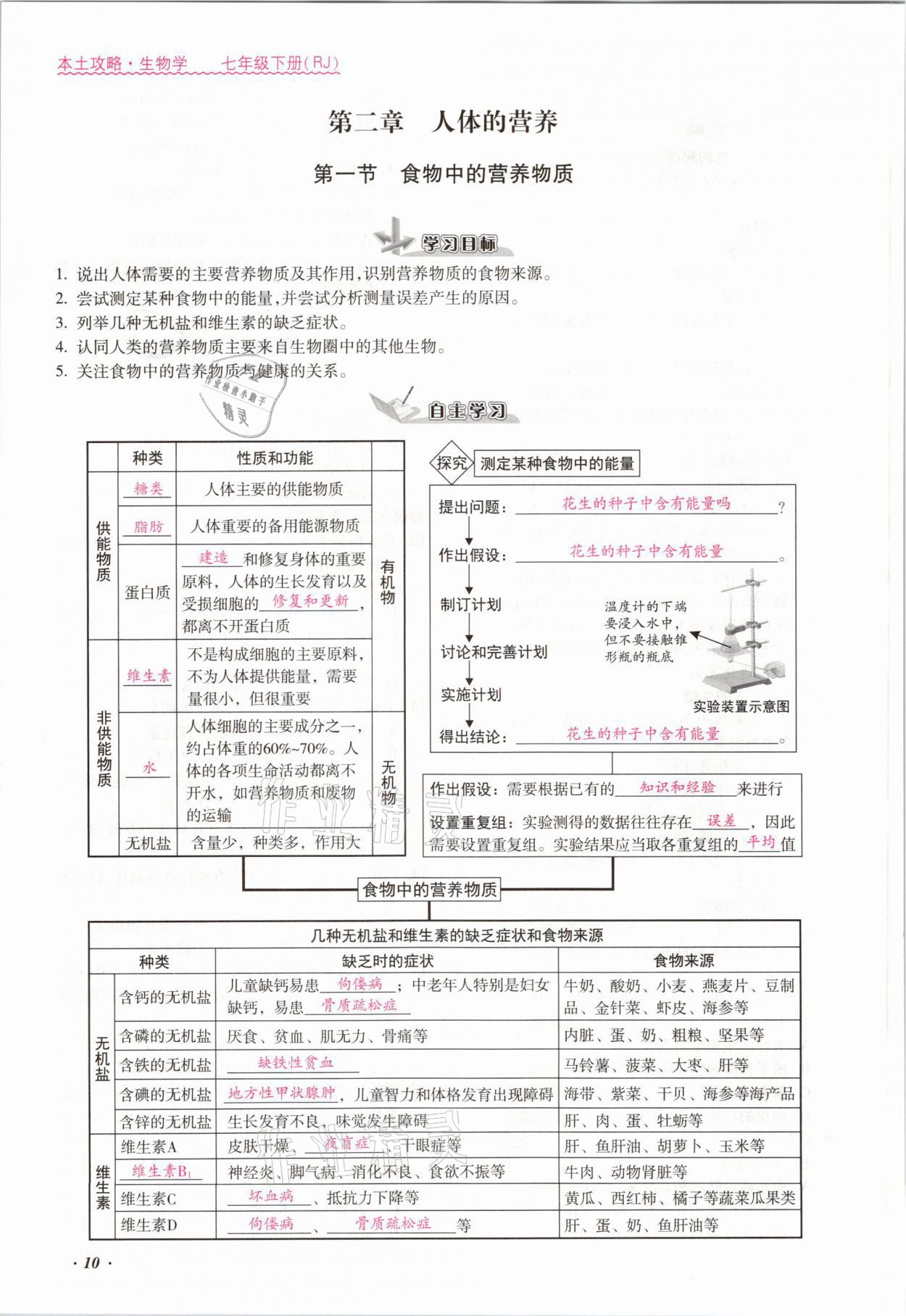 2021年本土攻略七年级生物下册人教版 参考答案第10页