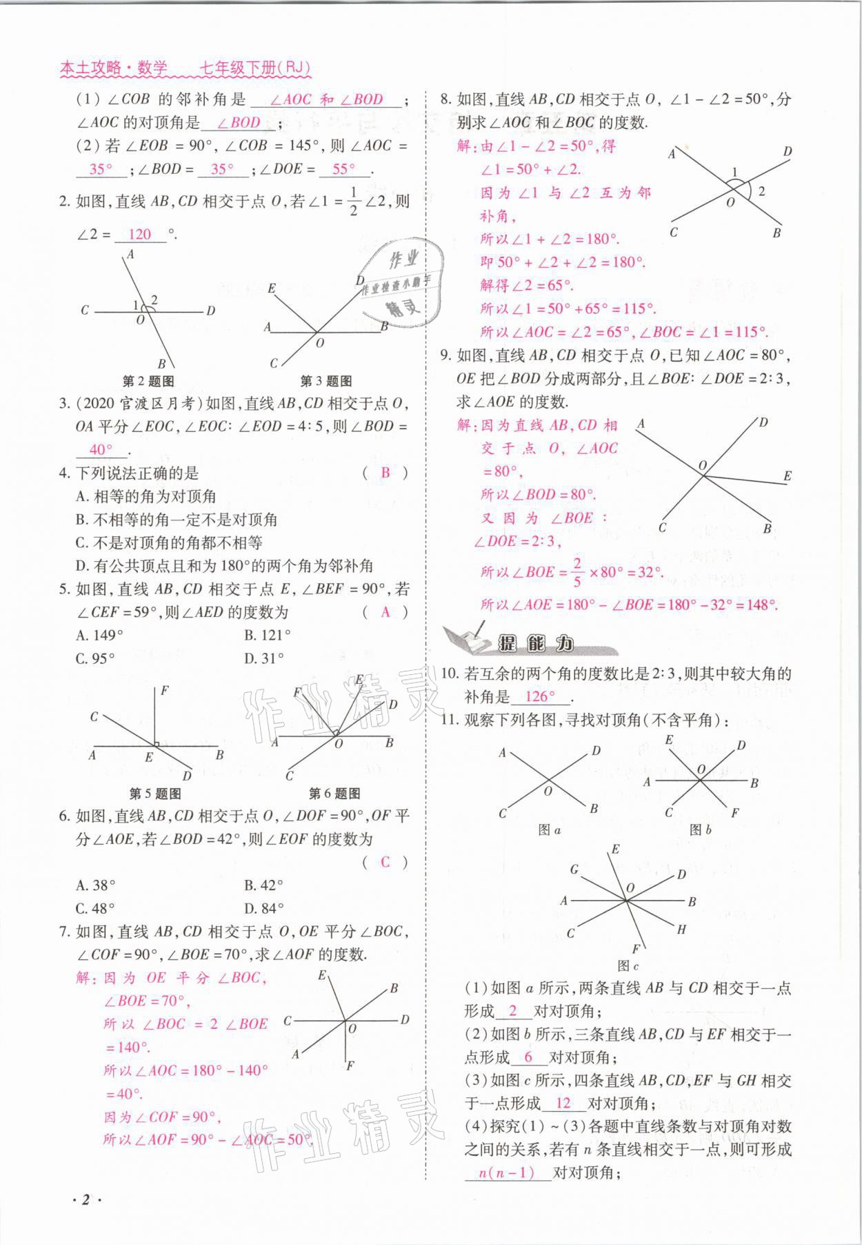 2021年本土攻略七年級數(shù)學下冊人教版 參考答案第2頁