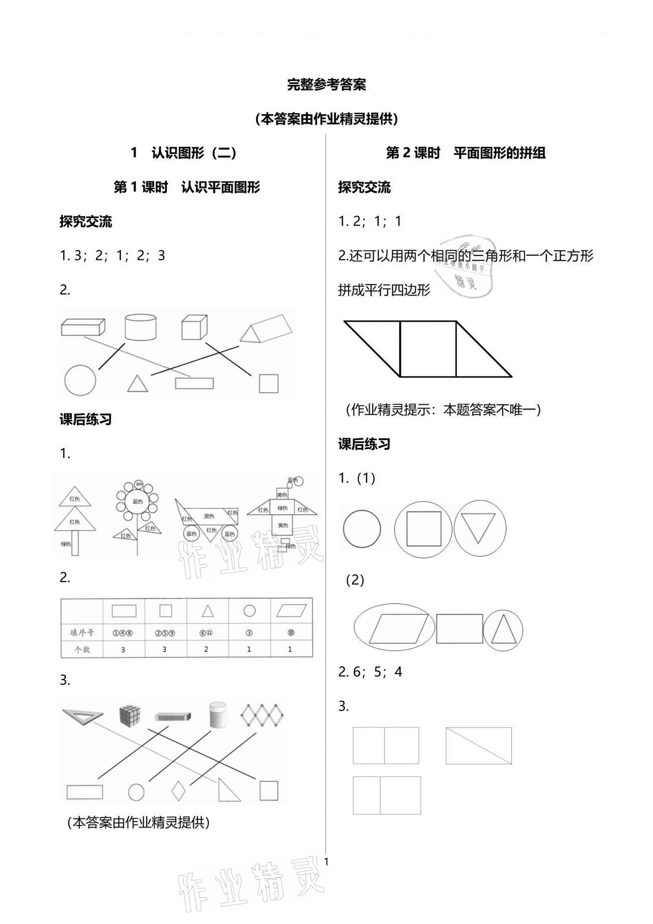 2021年人教金學(xué)典同步解析與測評一年級數(shù)學(xué)下冊人教版云南專版 參考答案第1頁