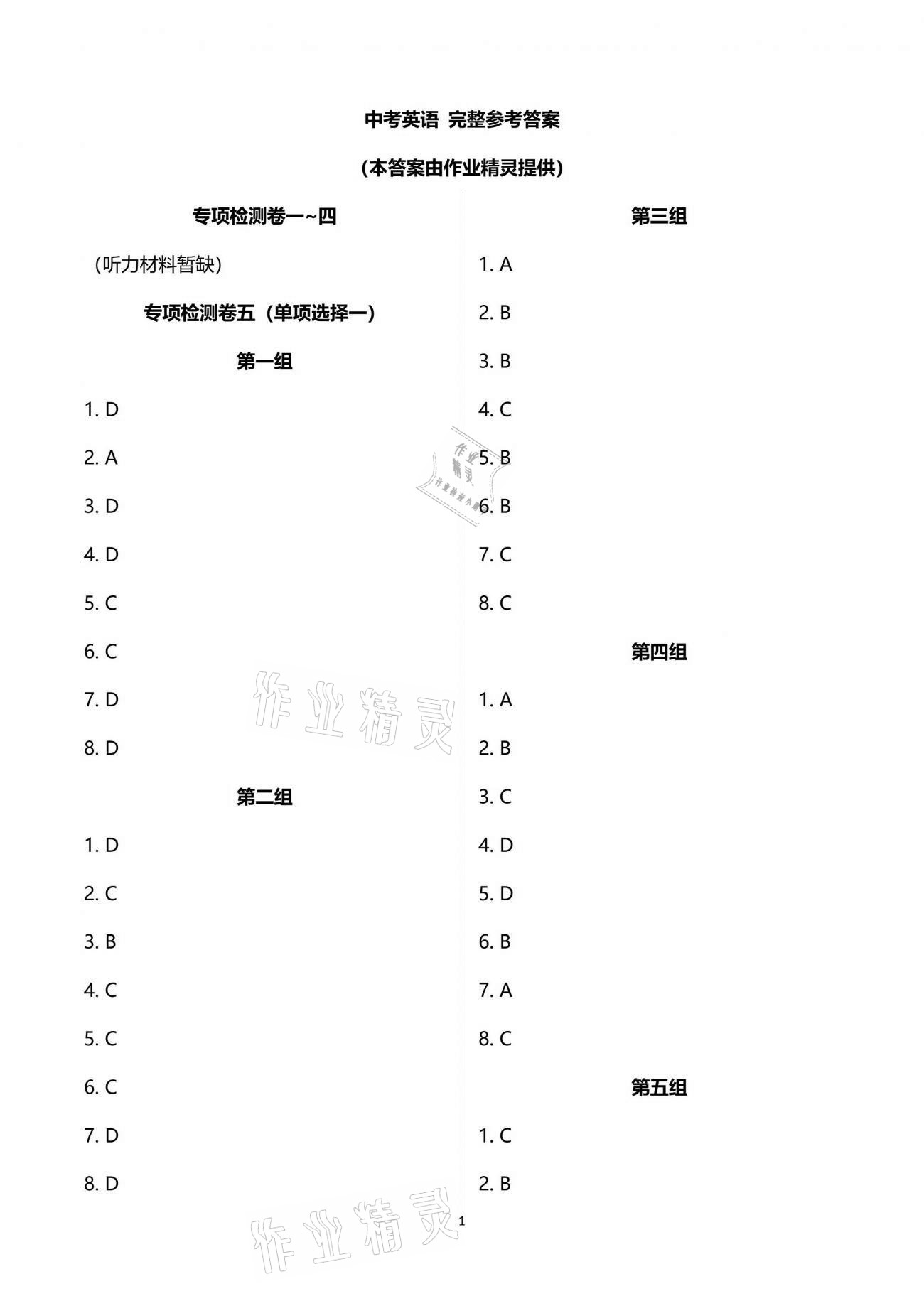 2021年課堂能力測試卷中考沖刺英語 參考答案第1頁